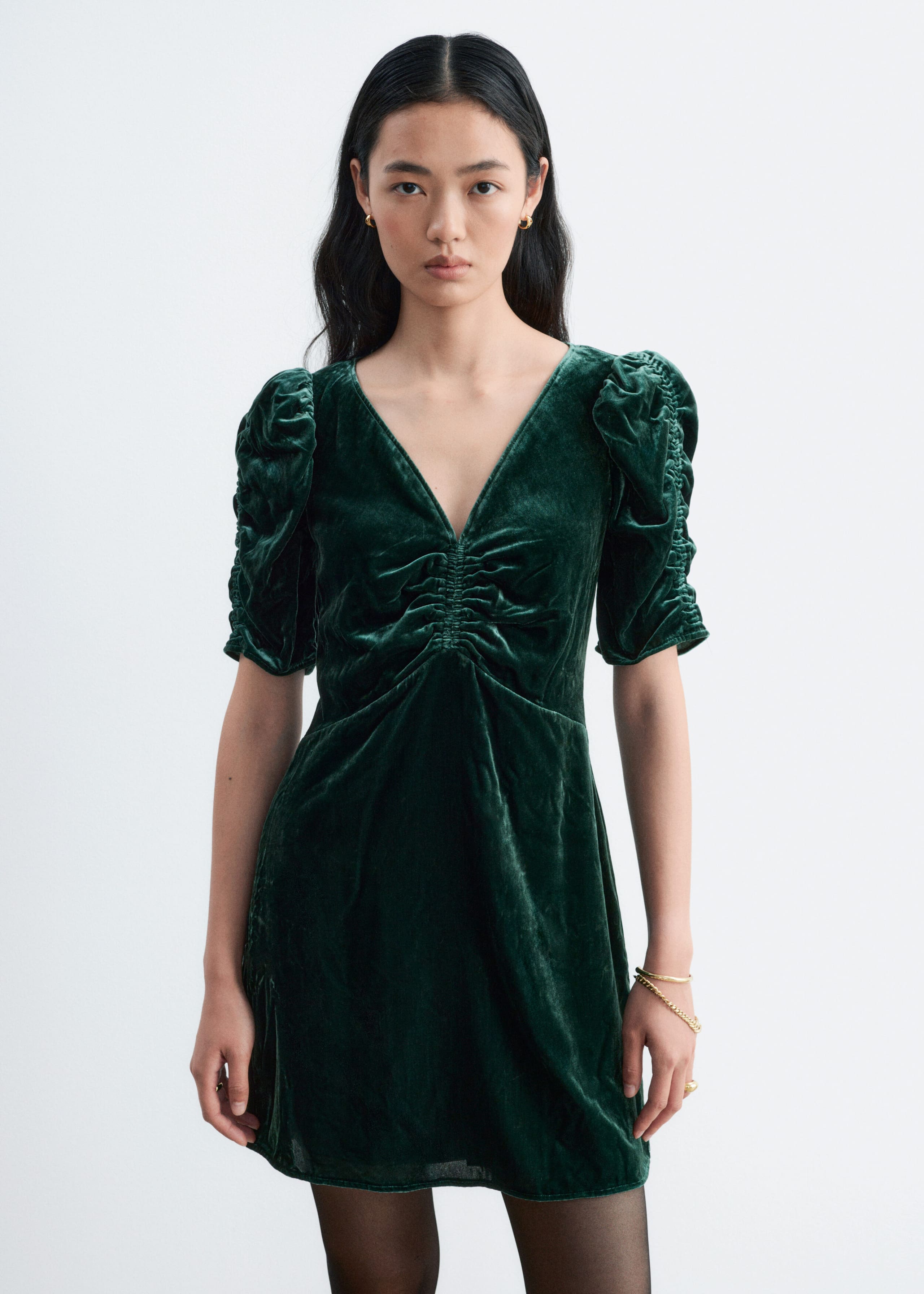 Ruched Velvet Dress - Dark Green - Lookbook
