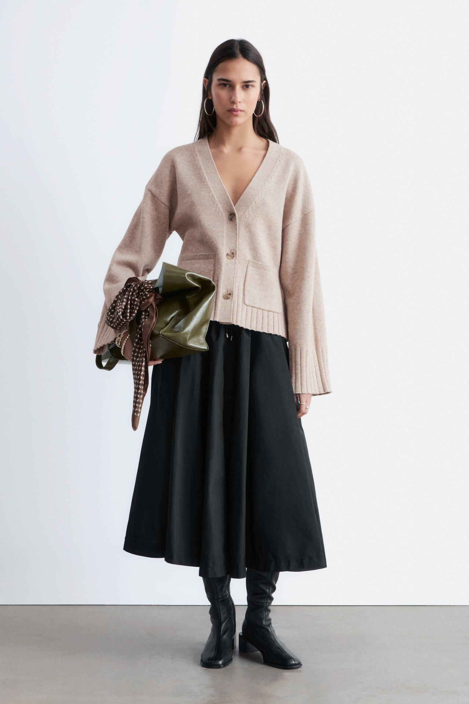 Tapered Knit Cardigan - בז'/אפור כהה/חום כהה - 3