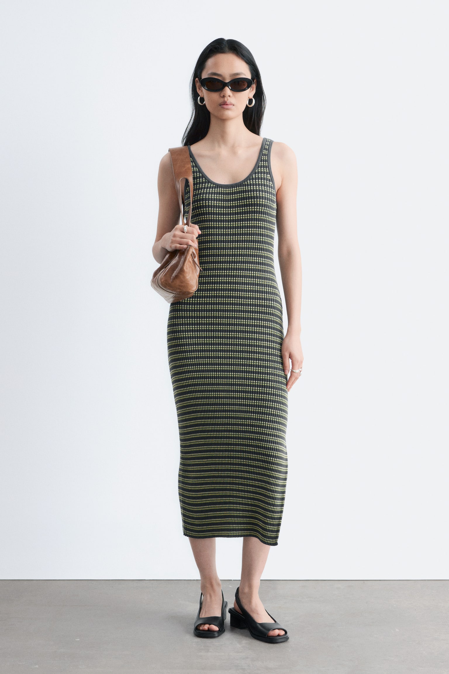 Striped Rib-Knit Midi Dress - Dark Grey/Yellow - 1
