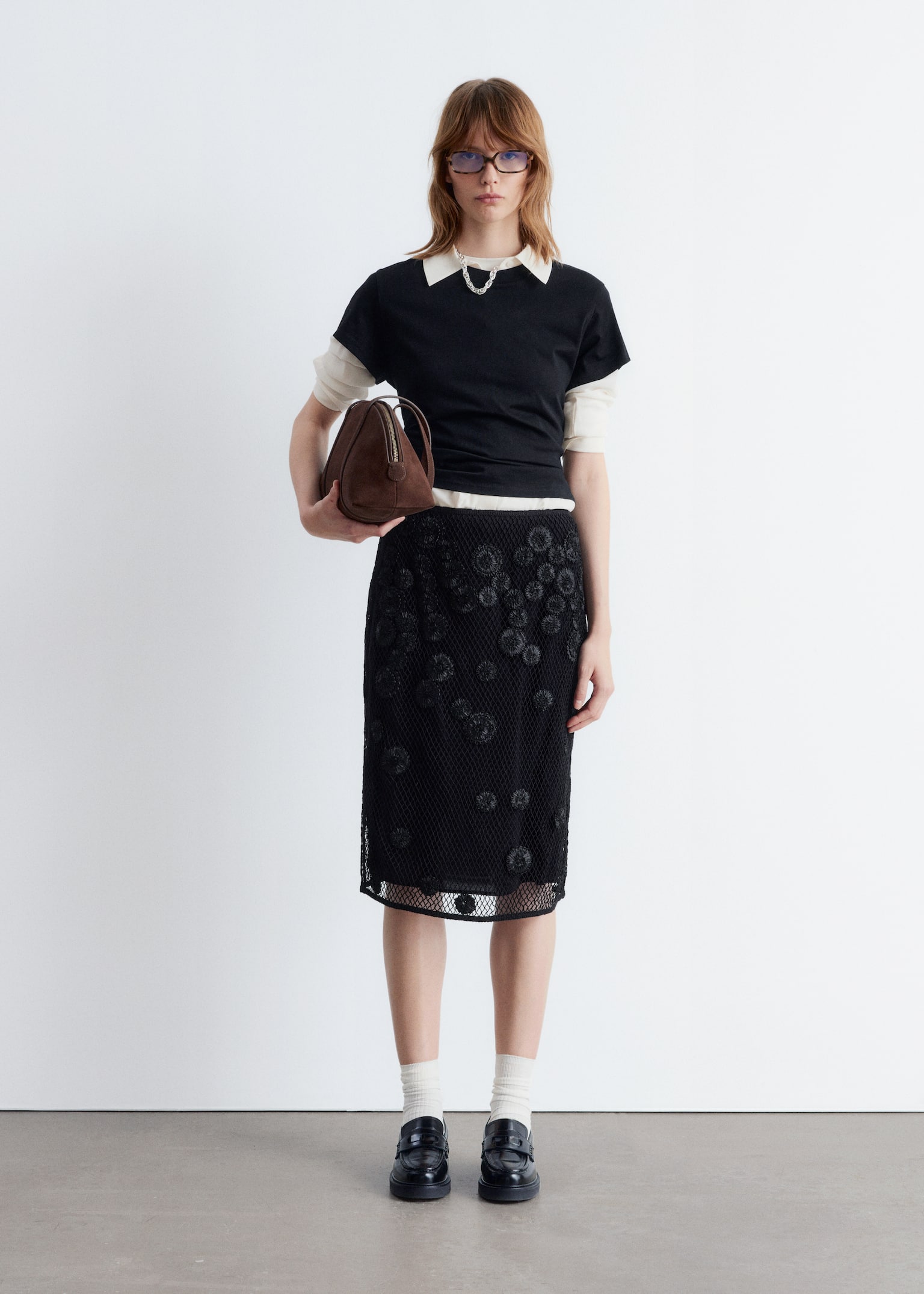 Jupe midi en mesh à motifs floraux appliqués - Noir