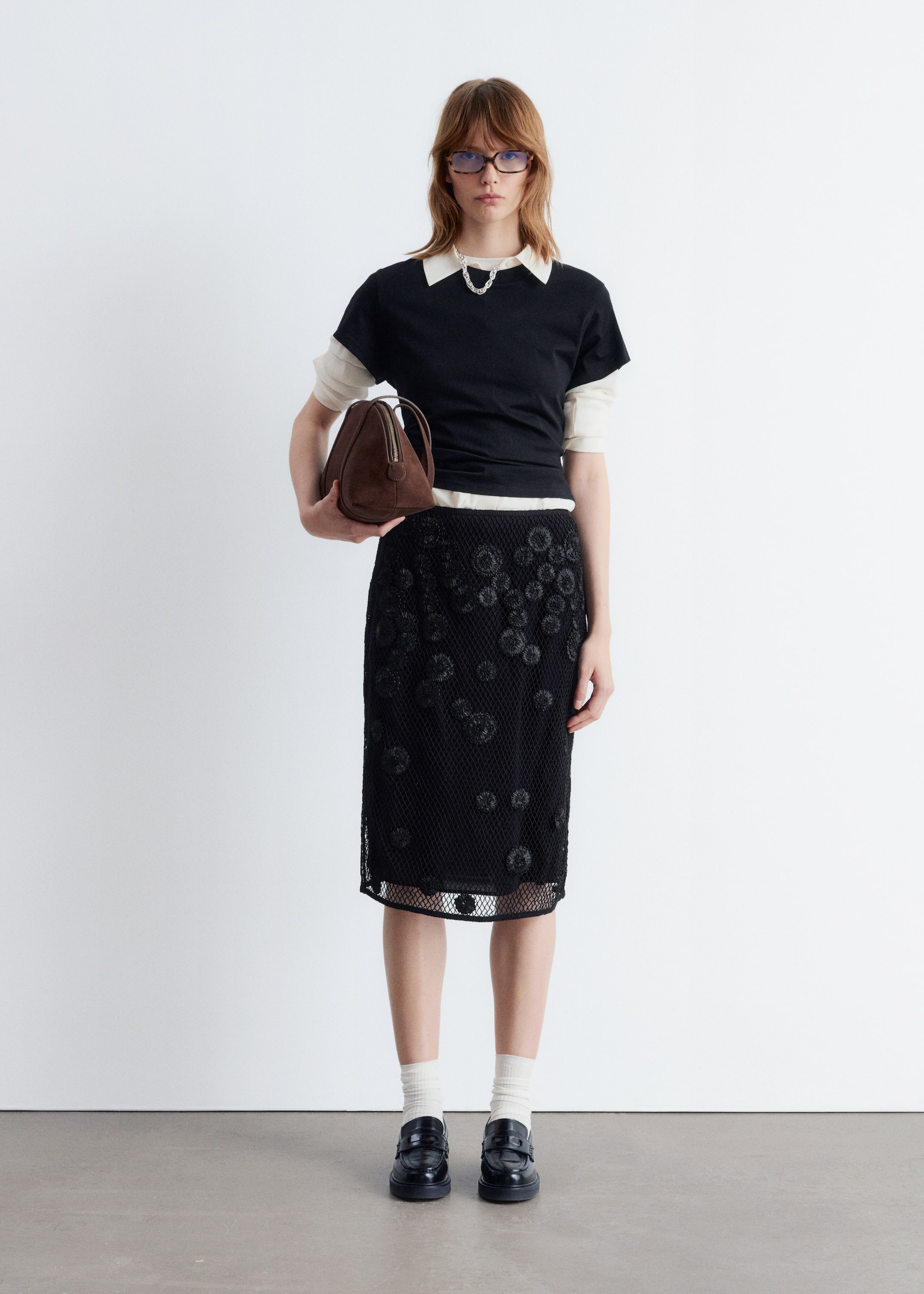 Agrandir l'image: Jupe midi en mesh à motifs floraux appliqués - Noir - FEMME | H&M FR 1