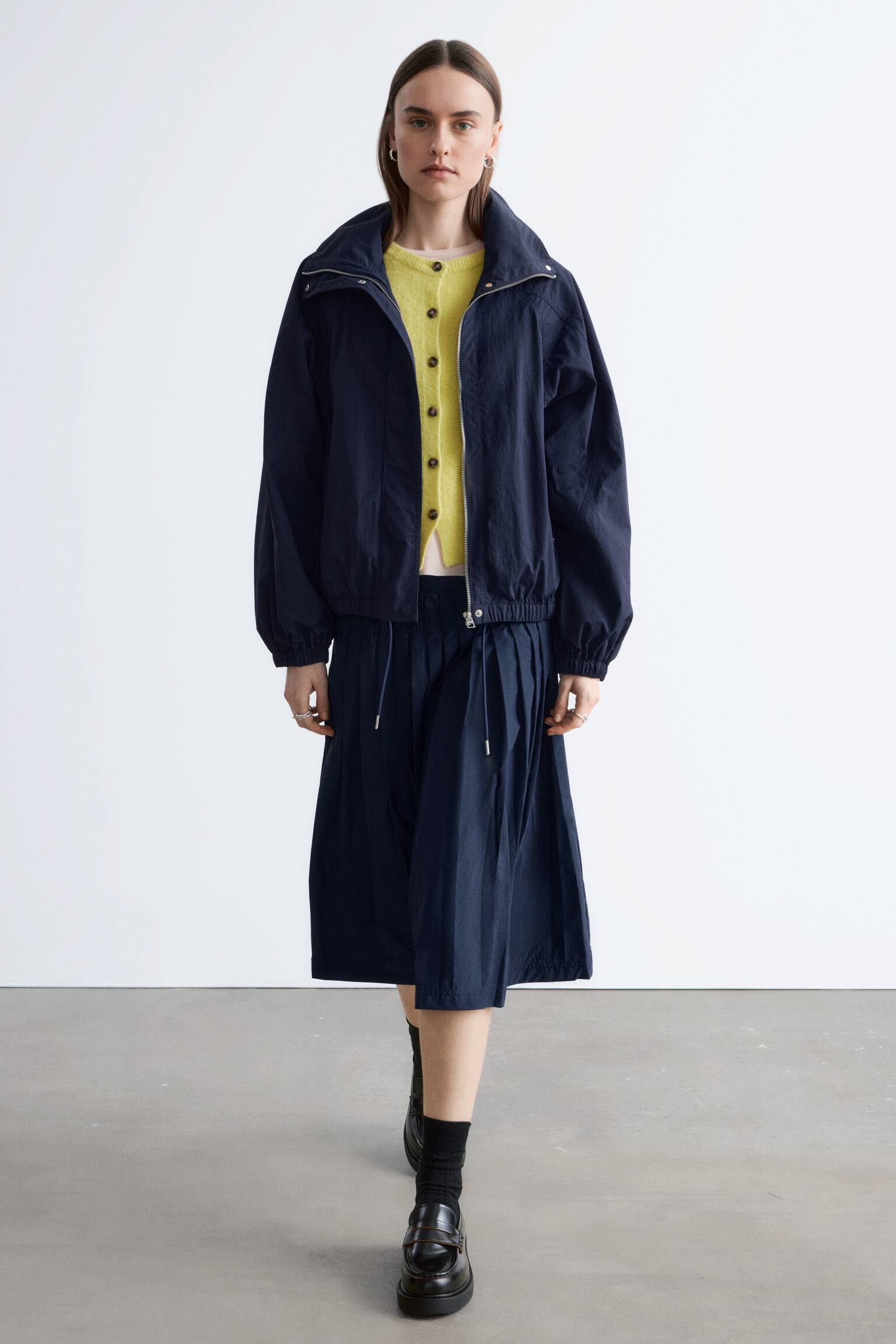 Giacca con coulisse e colletto alla coreana - Blu scuro - 7