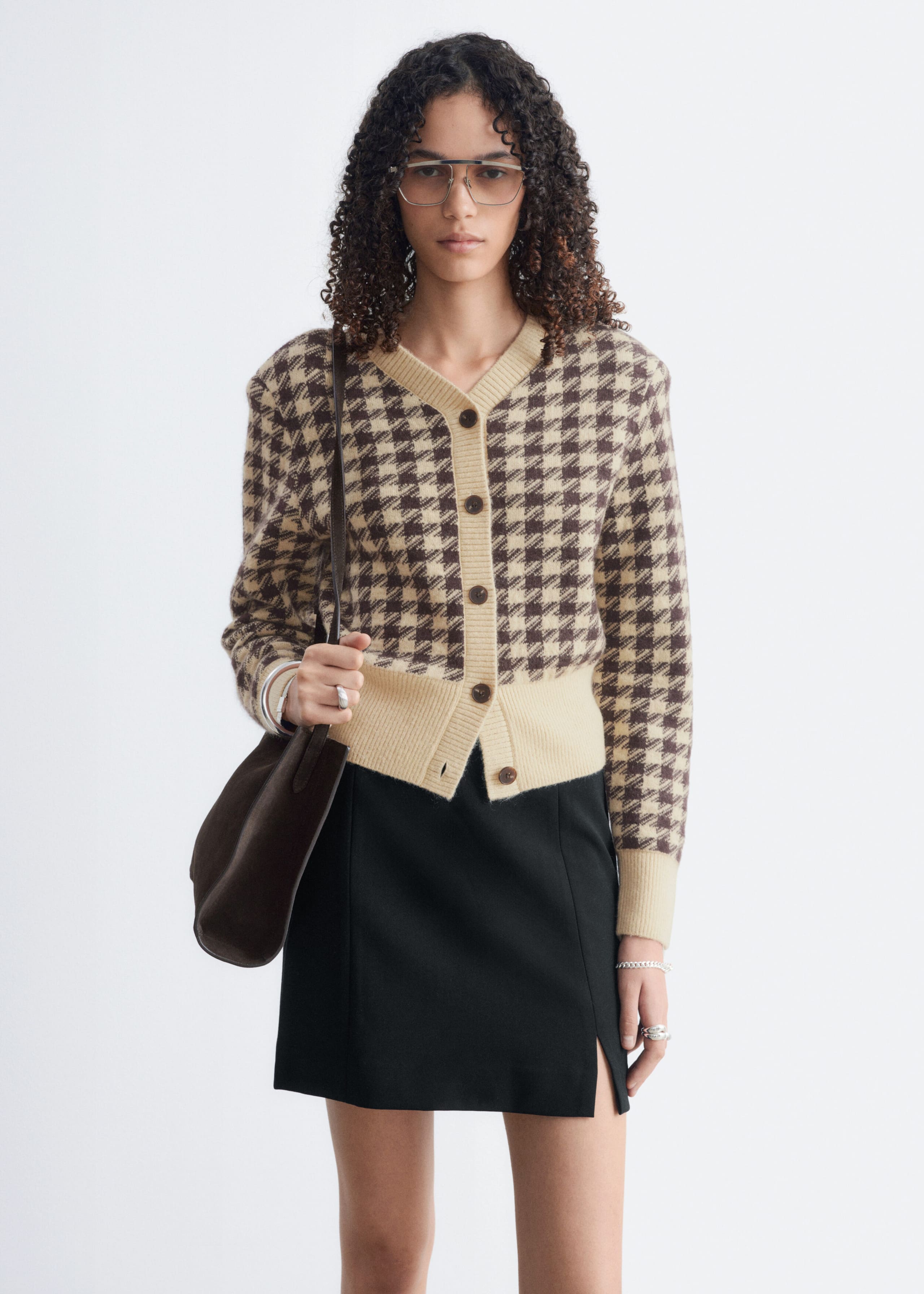 Mohair-Blend Jacquard Cardigan - Turquoise/Navy Houndstooth - Lookbook