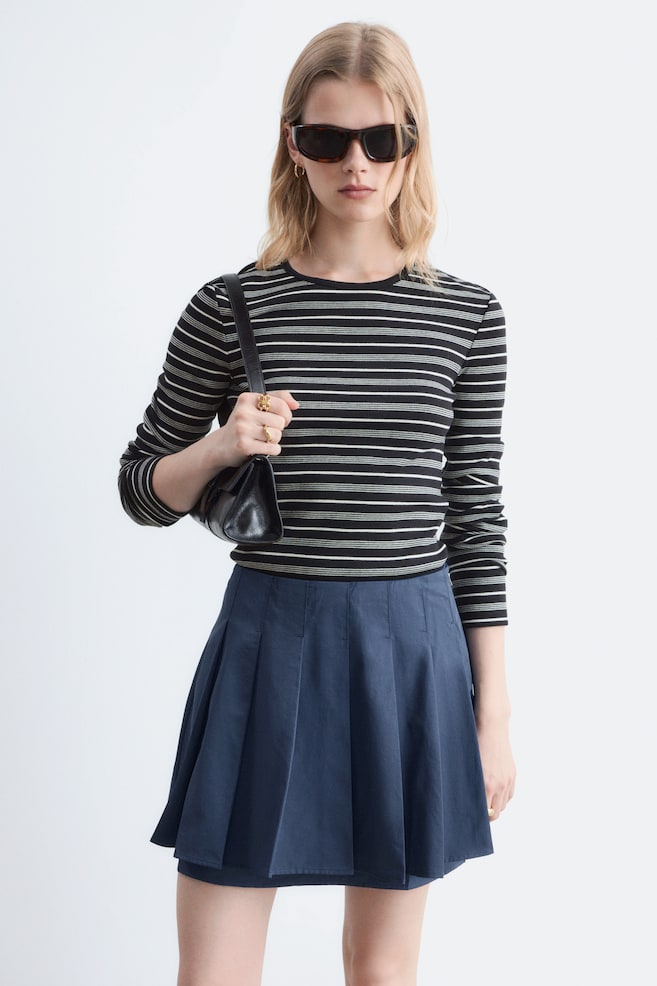Maglia a maniche lunghe con finitura a coste - Nero/Motivo a righe/Bianco/Nero/Grigio chiaro/Giallo pastello/Azzurro - 1