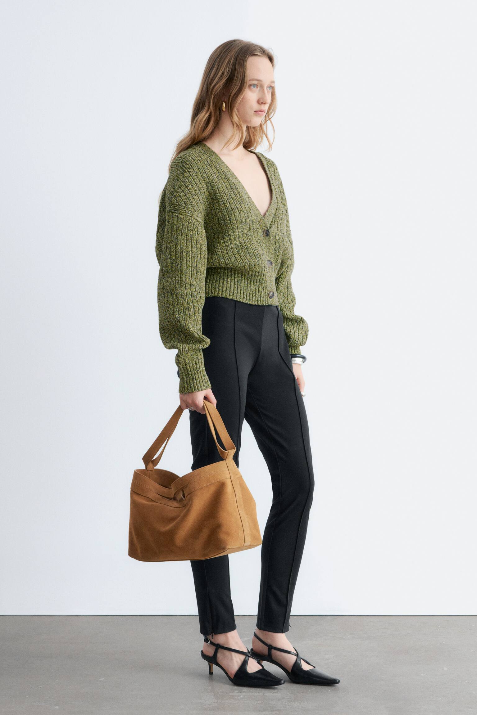 Cardigan in cotone con lavorazione a coste - Verde screziato/Giallo tenue - 4