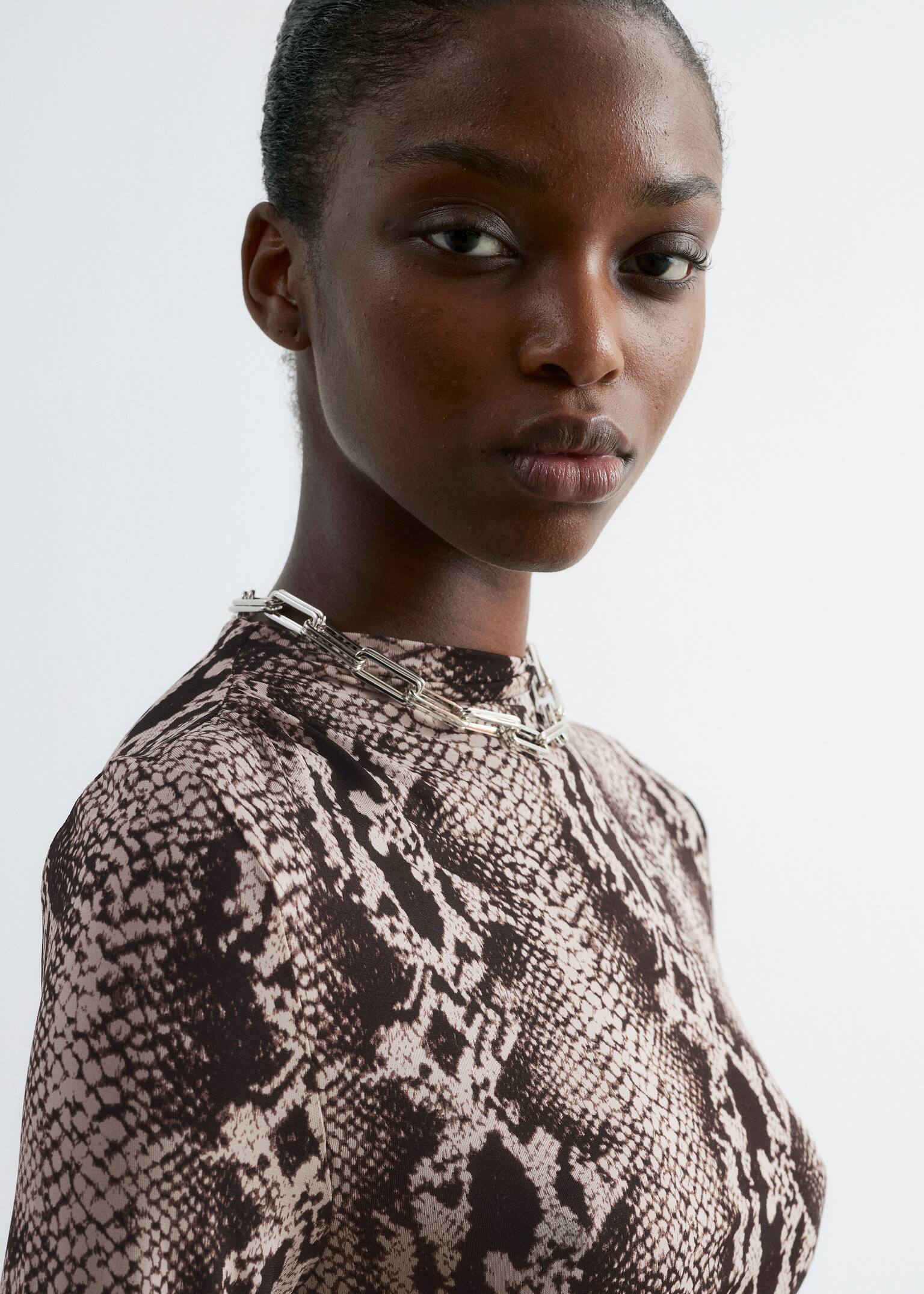 Gathered Midi Dress - Beige Snake - 5