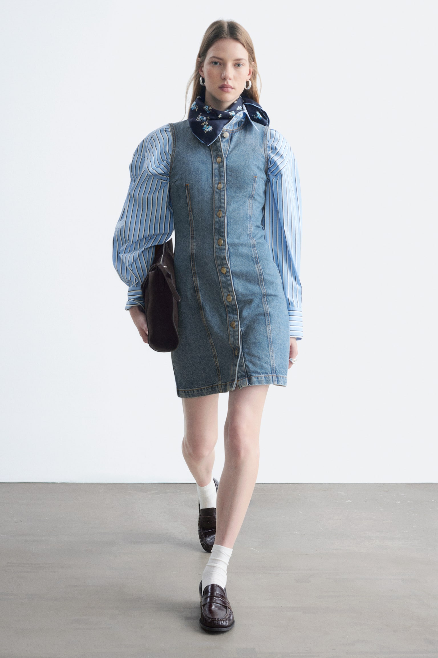Vestido de ganga com botões frontais - Azul - 1