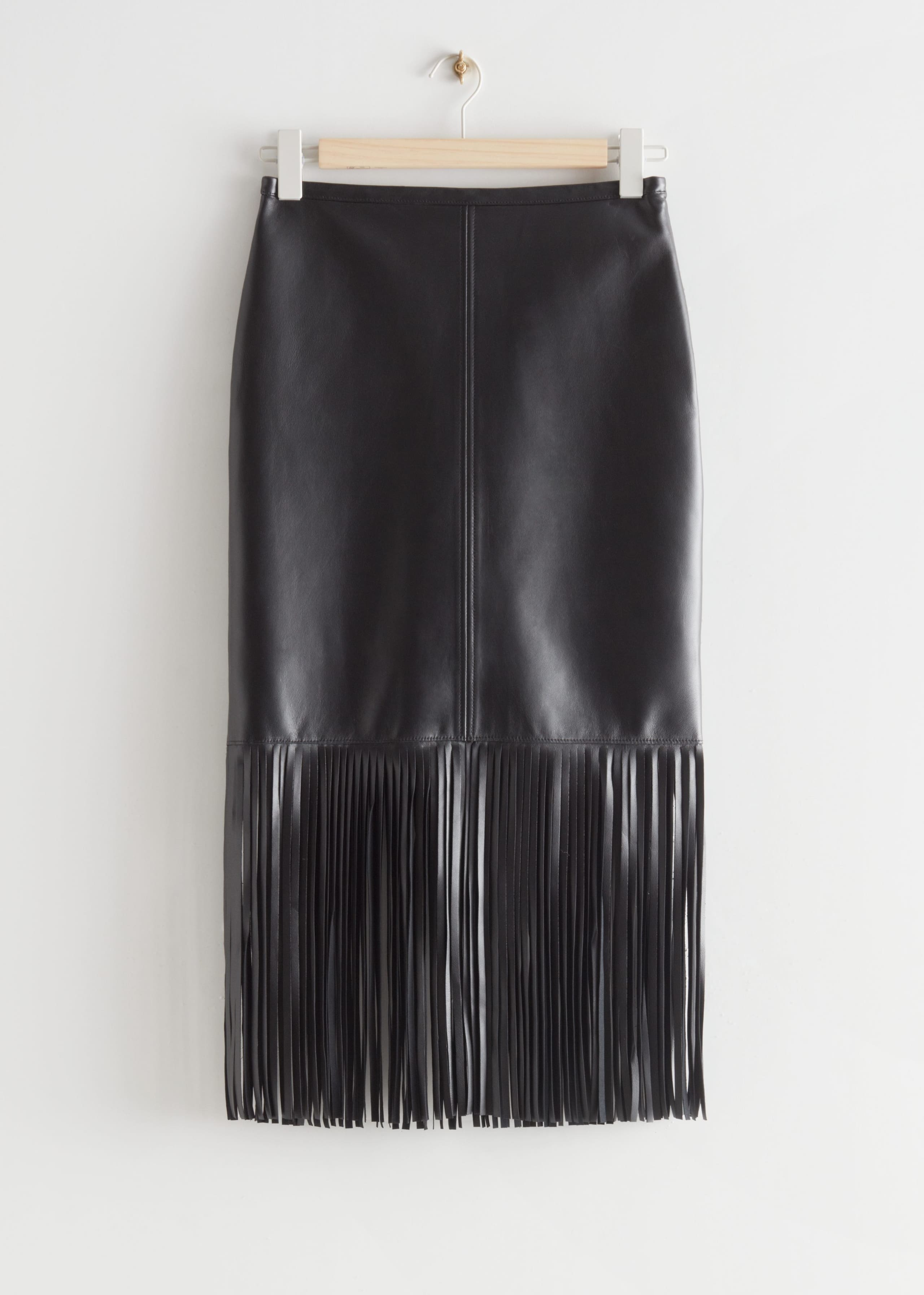Leather Fringe Midi Skirt - Black - Still Life