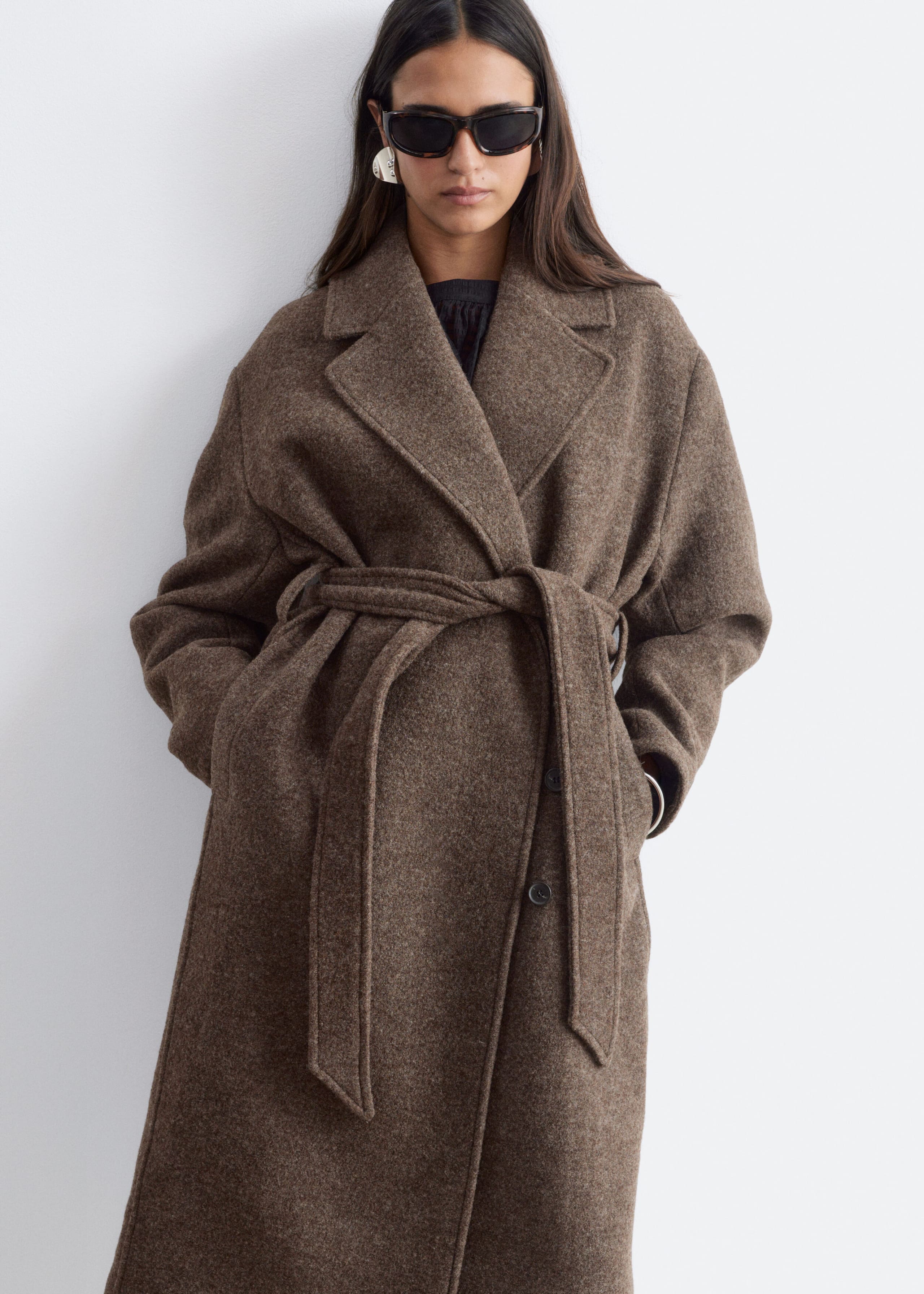 Voluminous Belted Wool Coat - Dark Mole Melange - Still Life