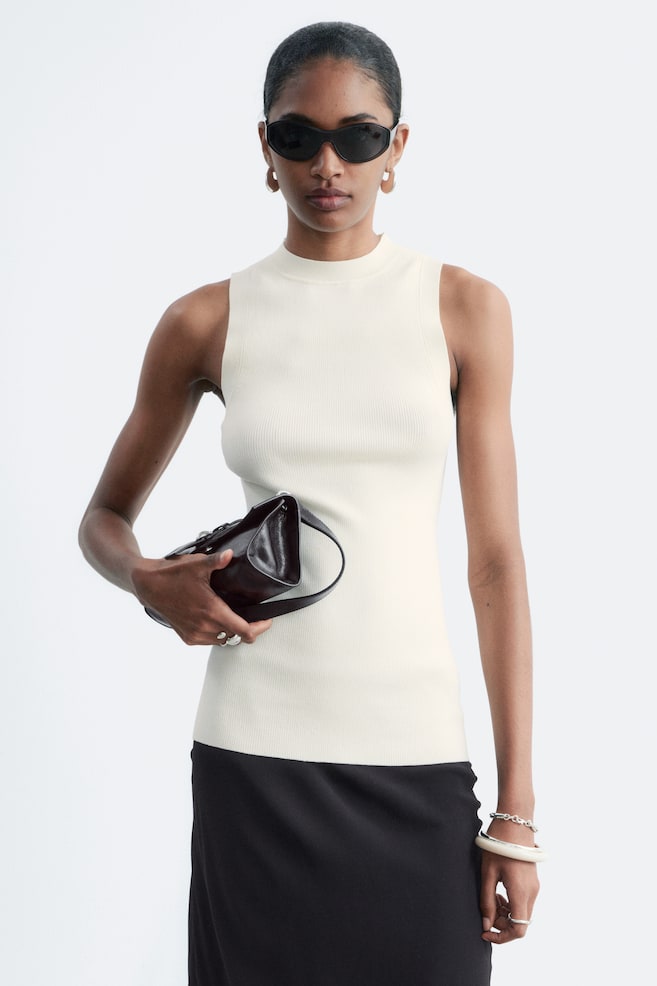 Ribbed Tank Top - Off White/Dark Brown - 1