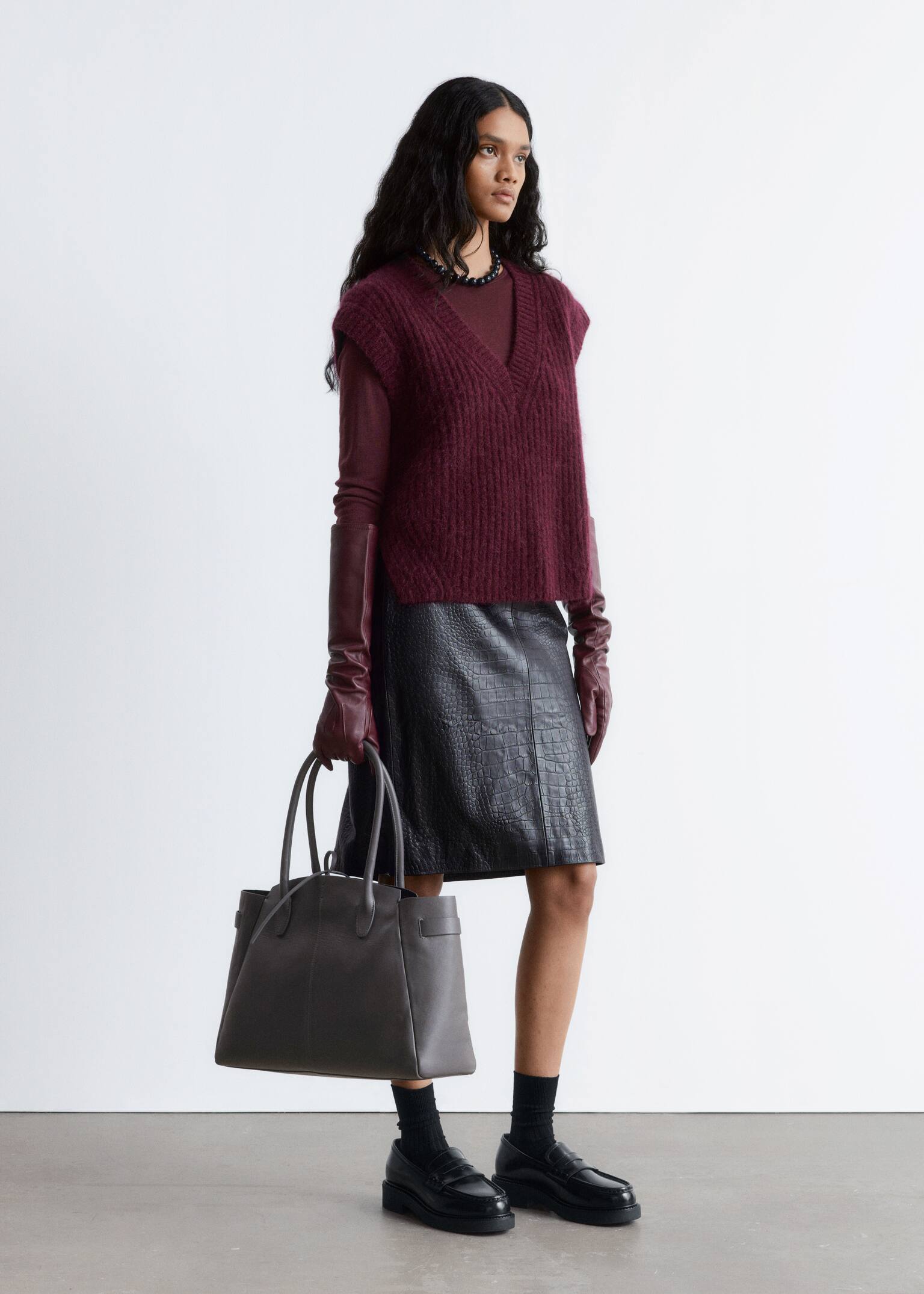 Knitted Mohair-Blend V-Neck Vest - Burgundy/Mustard Yellow - 3