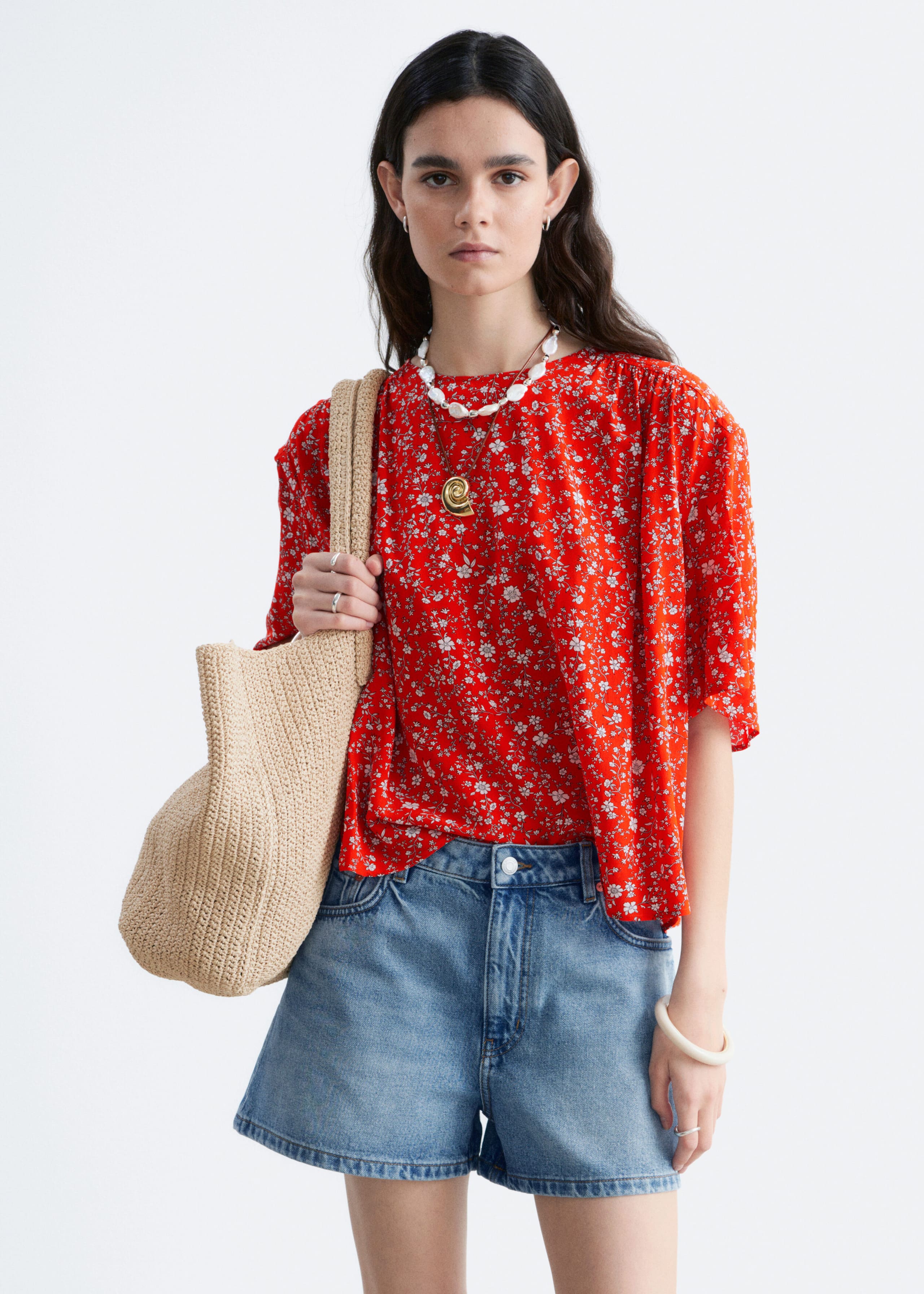 Gathered Crepe Blouse - Red/Floral - Lookbook
