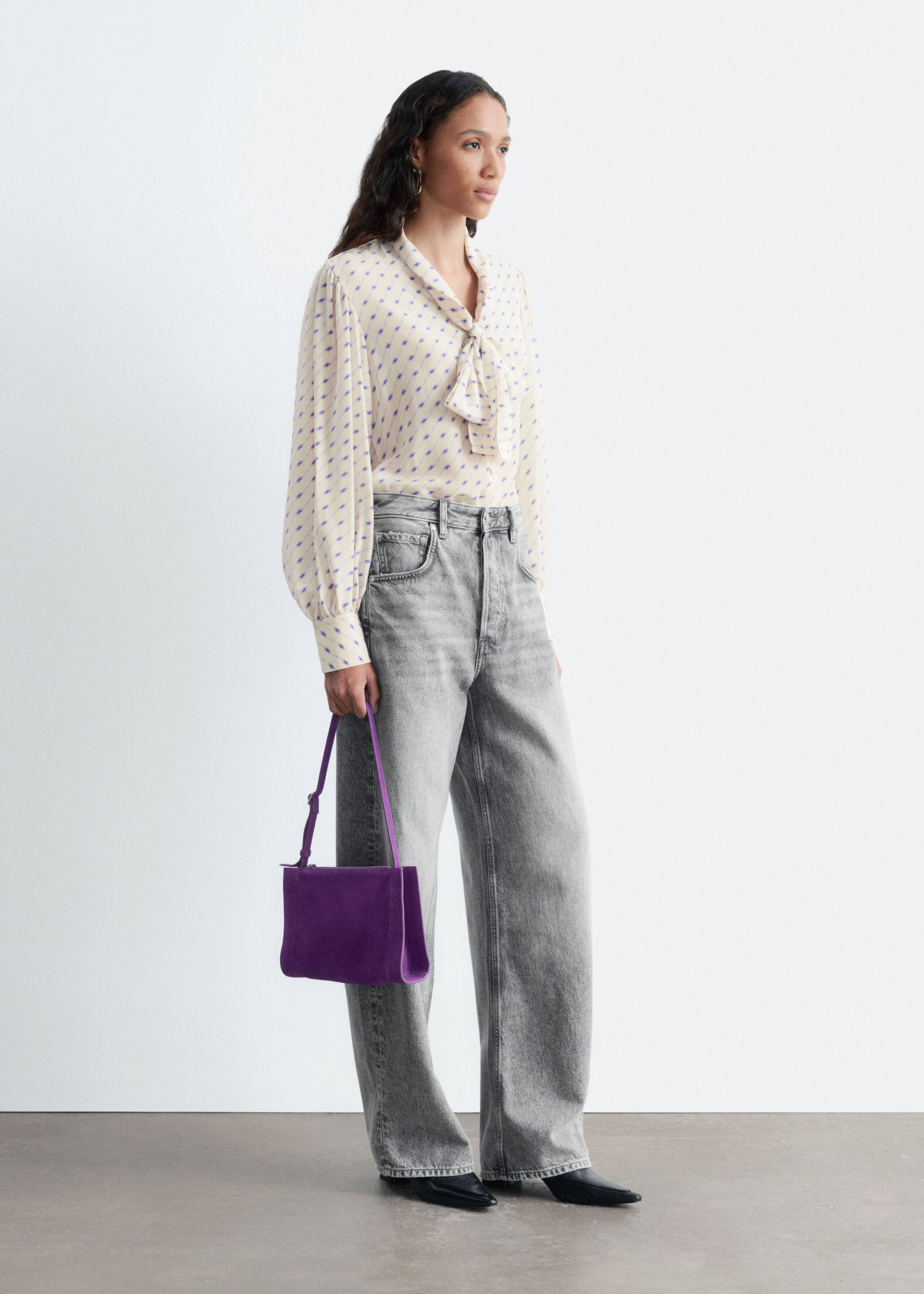 Printed Silk Scarf Blouse - Beige/Blue Print - Lookbook