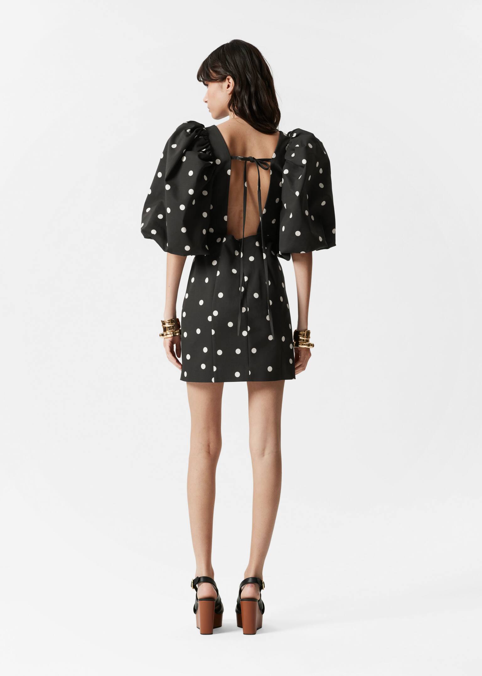 Puff-Sleeve Mini Dress - Fekete pöttyös/Yellow Pattern - 5