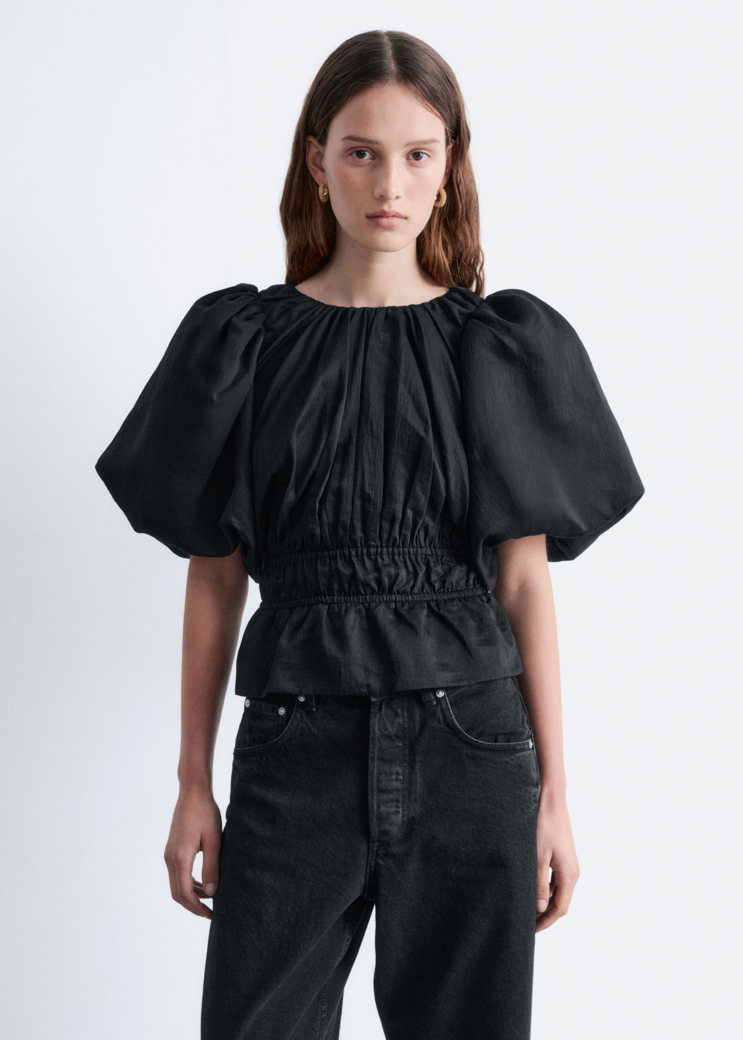 Image of Peplum-Frill Puff-Sleeve Top