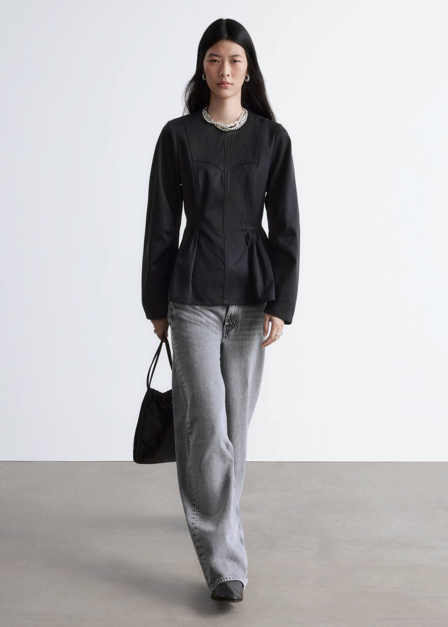 Peplumtopp i bomull - Svart/Crèmevit - 6