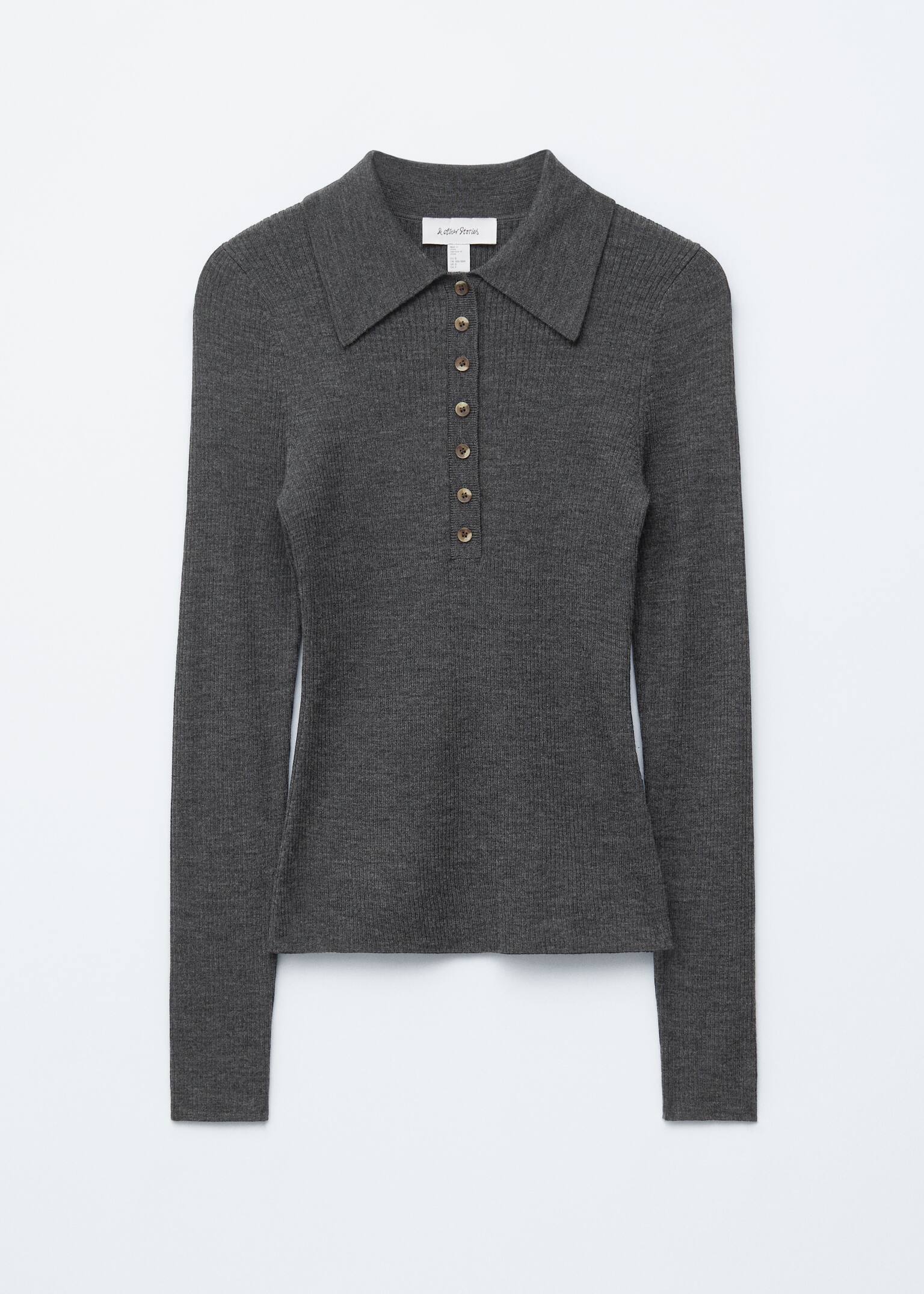 Long-Sleeve Merino Wool Polo Top - Dark Grey/Cream White - 2