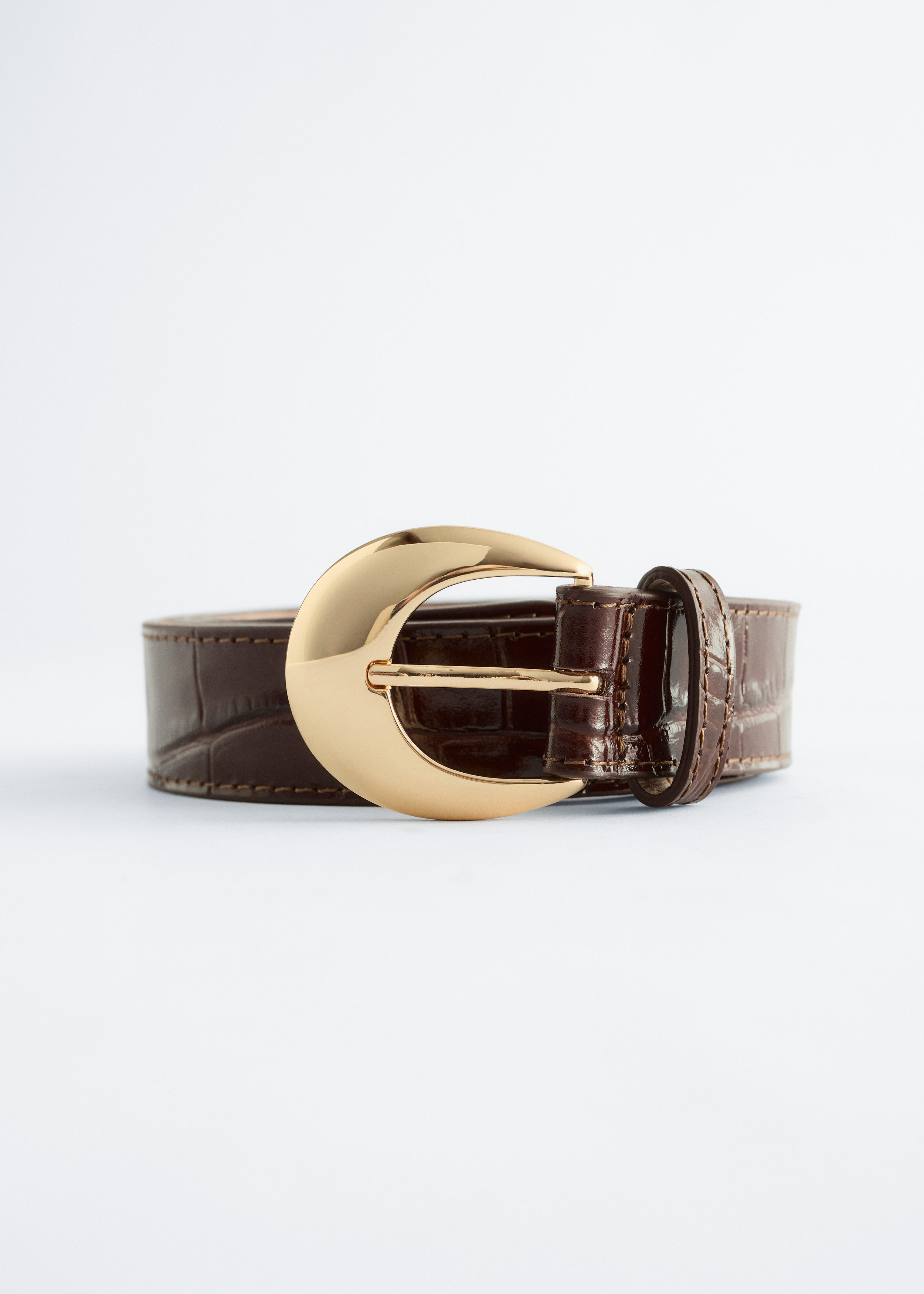 Croco Effect Buckle Leather Belt - Brown/Faux Croco - & Other