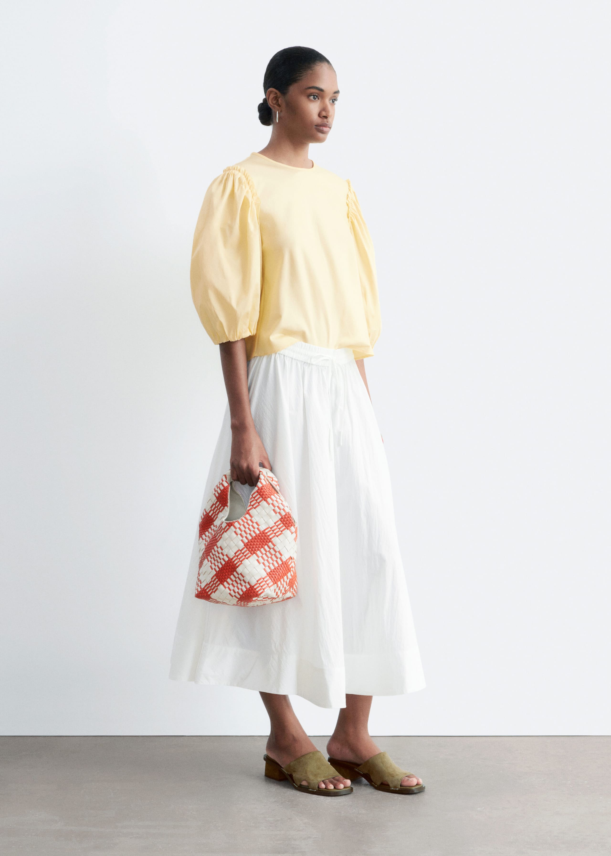 Balloon-Sleeve Jacquard Blouse - Beige/Tartan - Lookbook