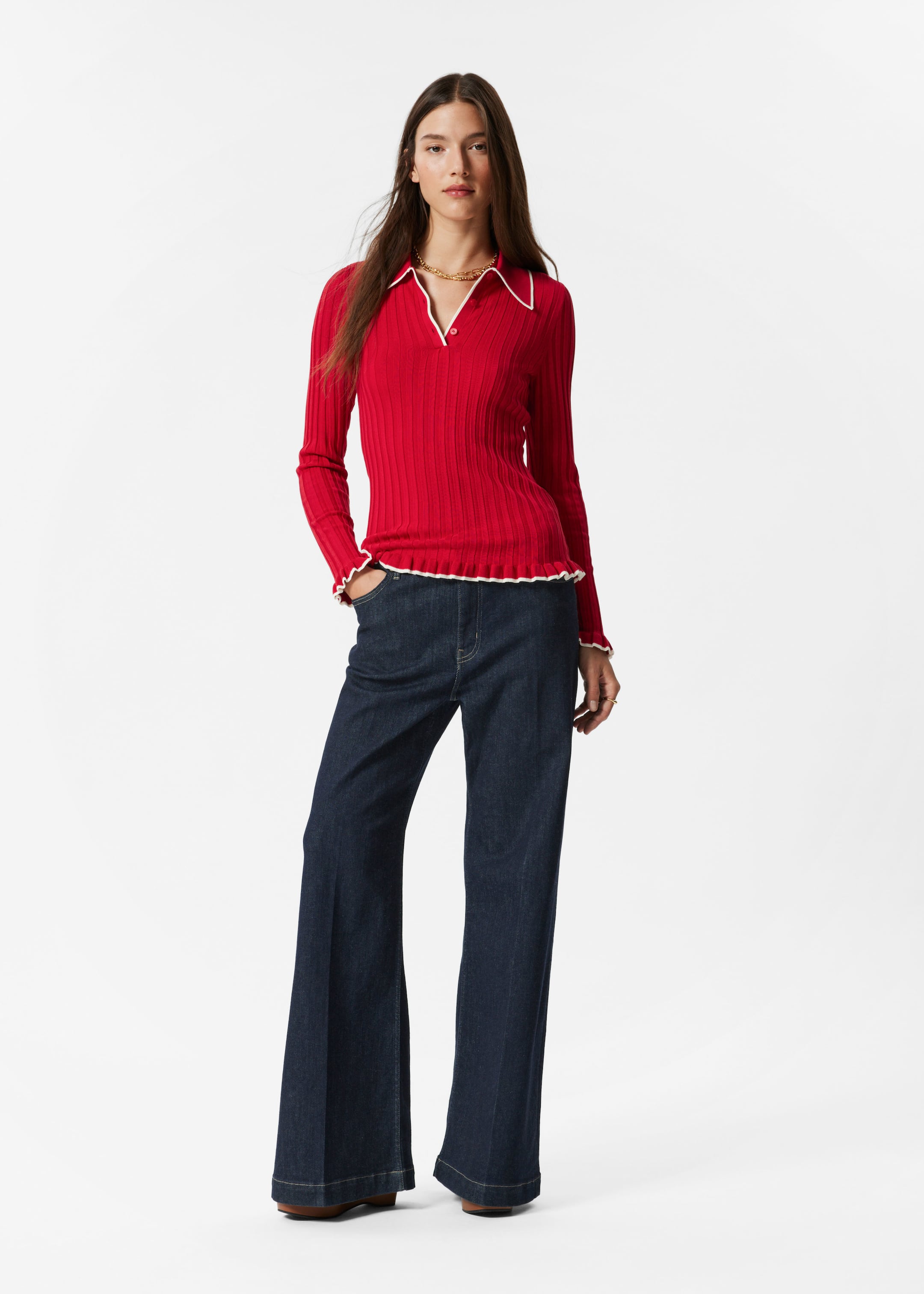 Visa större bild: Ribbstickad pikétröja - Röd - DAM | H&M SE 3
