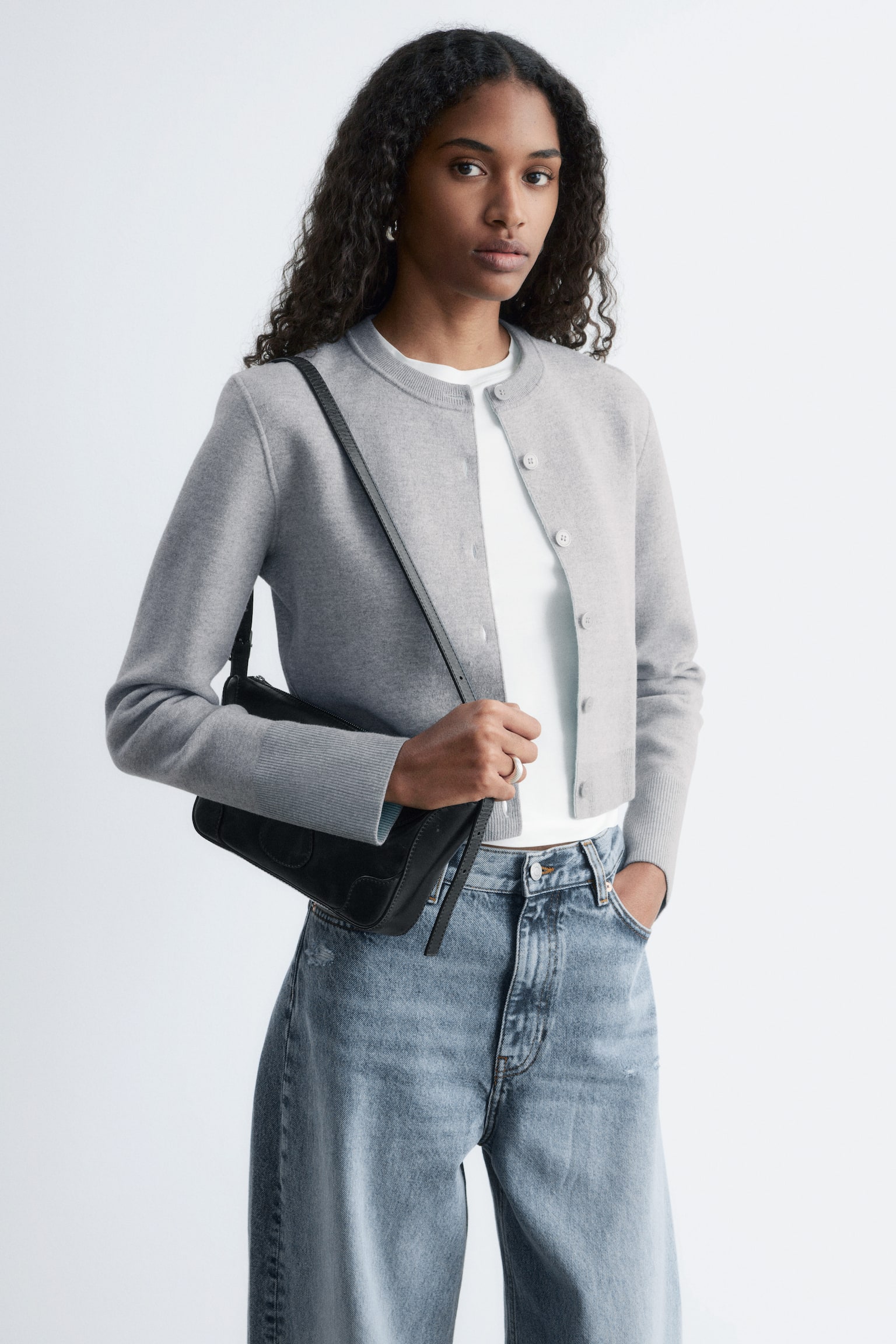 Zkrácený oboustranný kardigan - Šedá/tyrkysová - 1