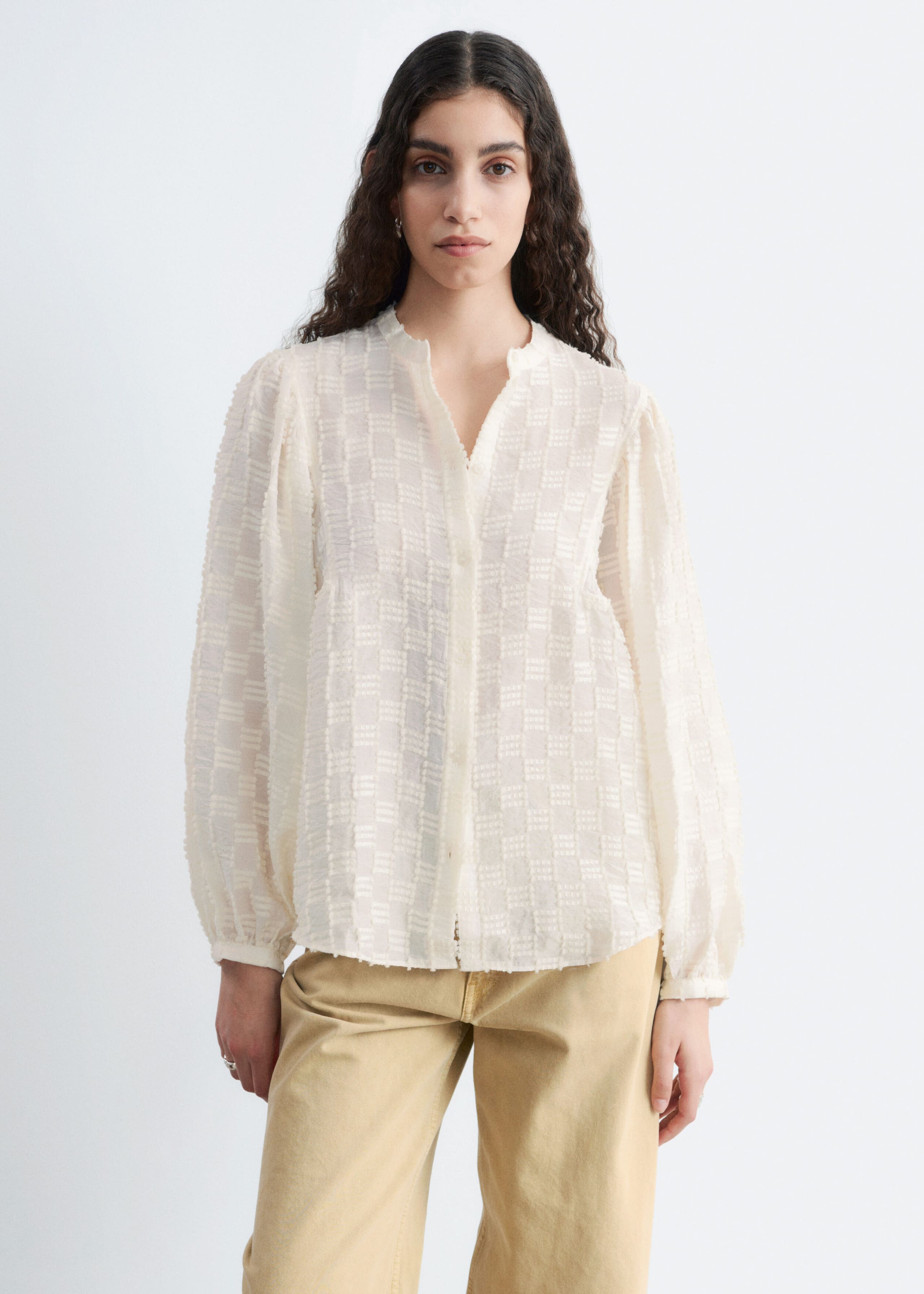 Textured Voluminous Sleeve Blouse - White - Lookbook