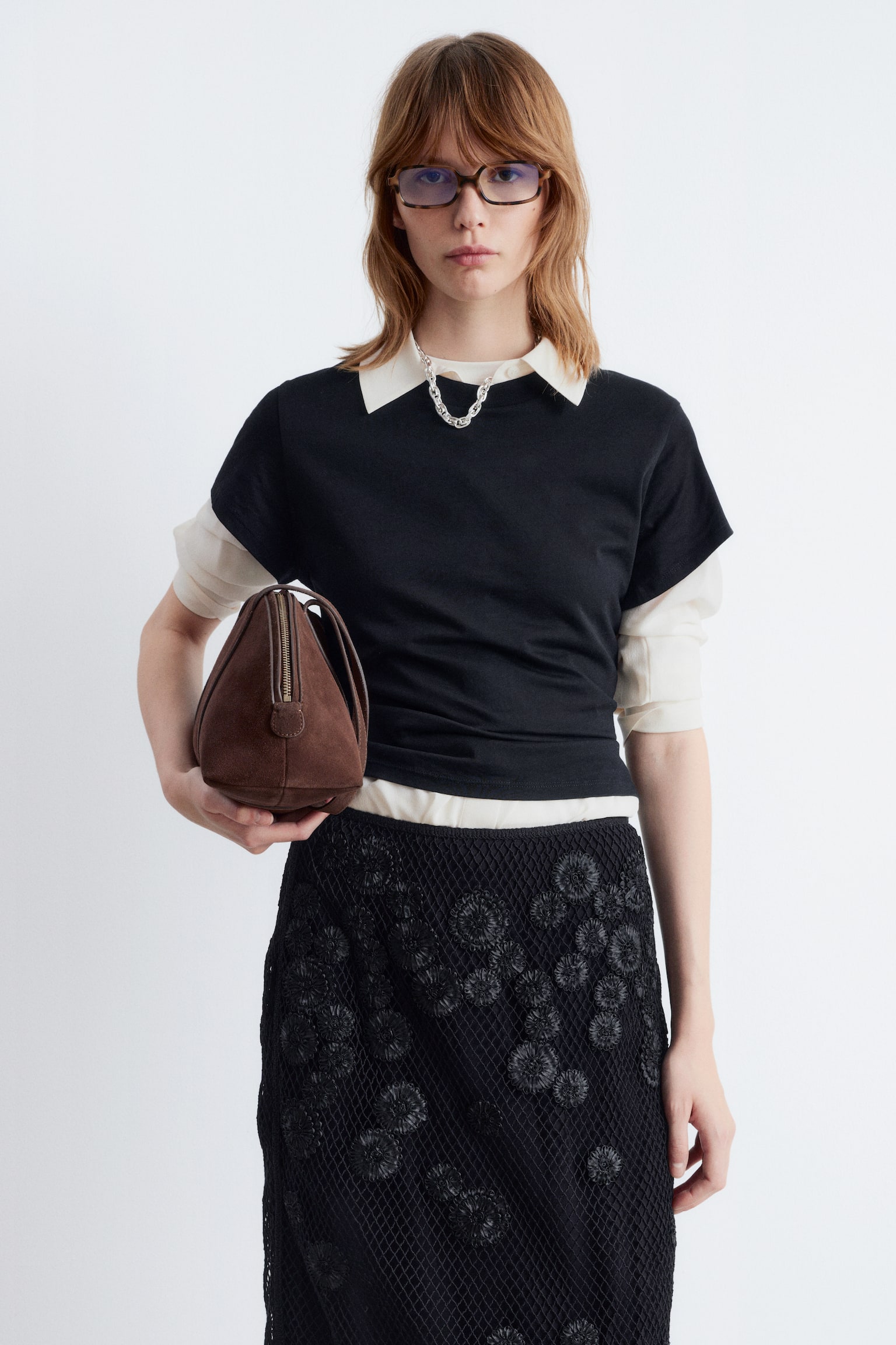 Миди пола с флорални апликации и мрежа - Черен - 5