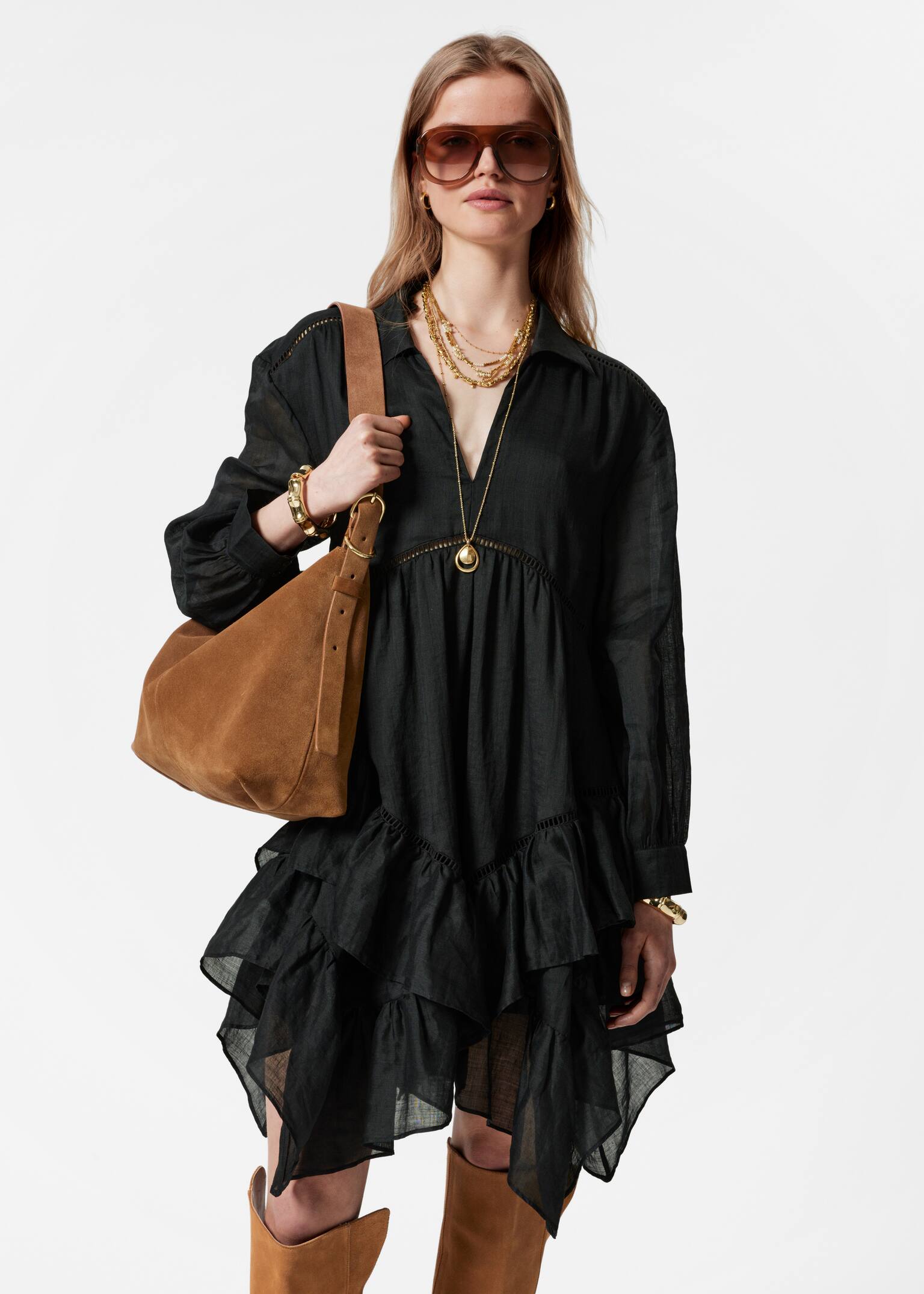 Robe courte à volants en ramie - Noir/Blanc - 3