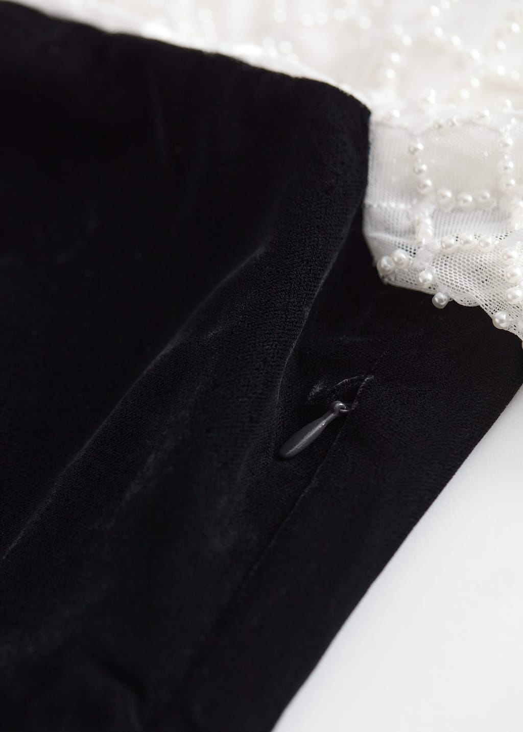Velvet and Pearl Embellished Mini Dress - {{variantName}} - Descriptive Detail