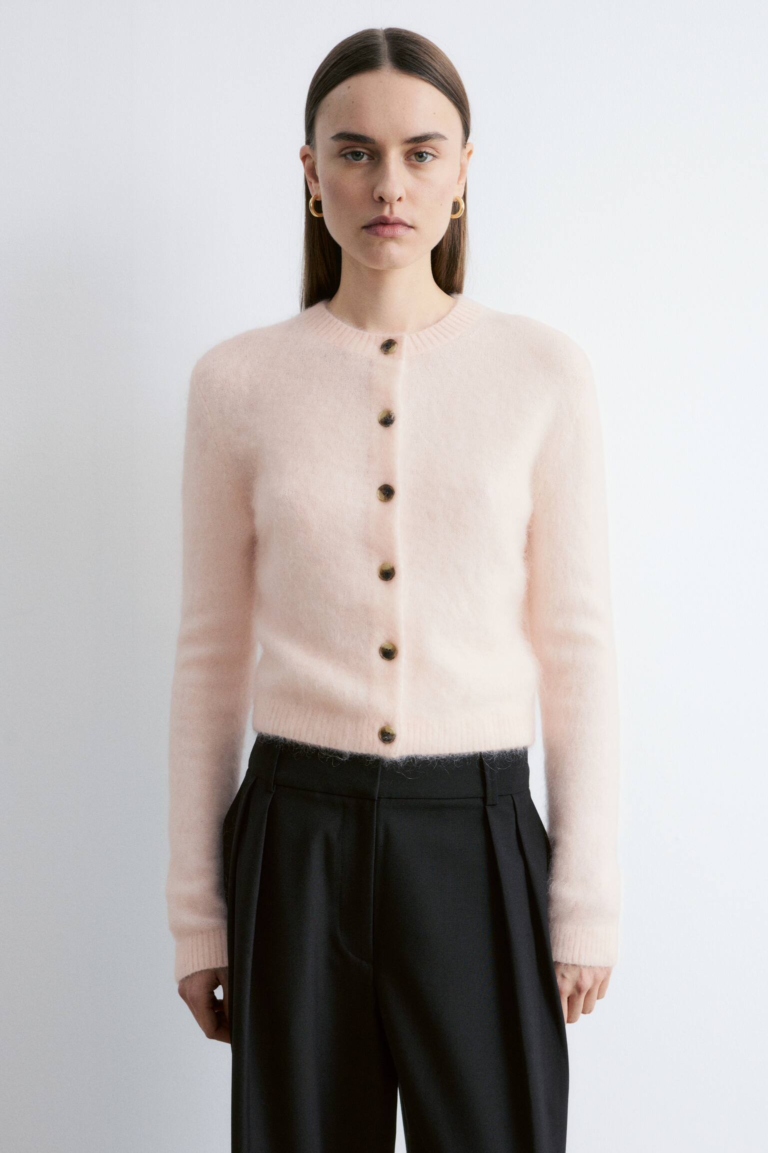 Cardigan i børstet mohairblend - Fersken/Kamel/Sort/Lys turkis - 7