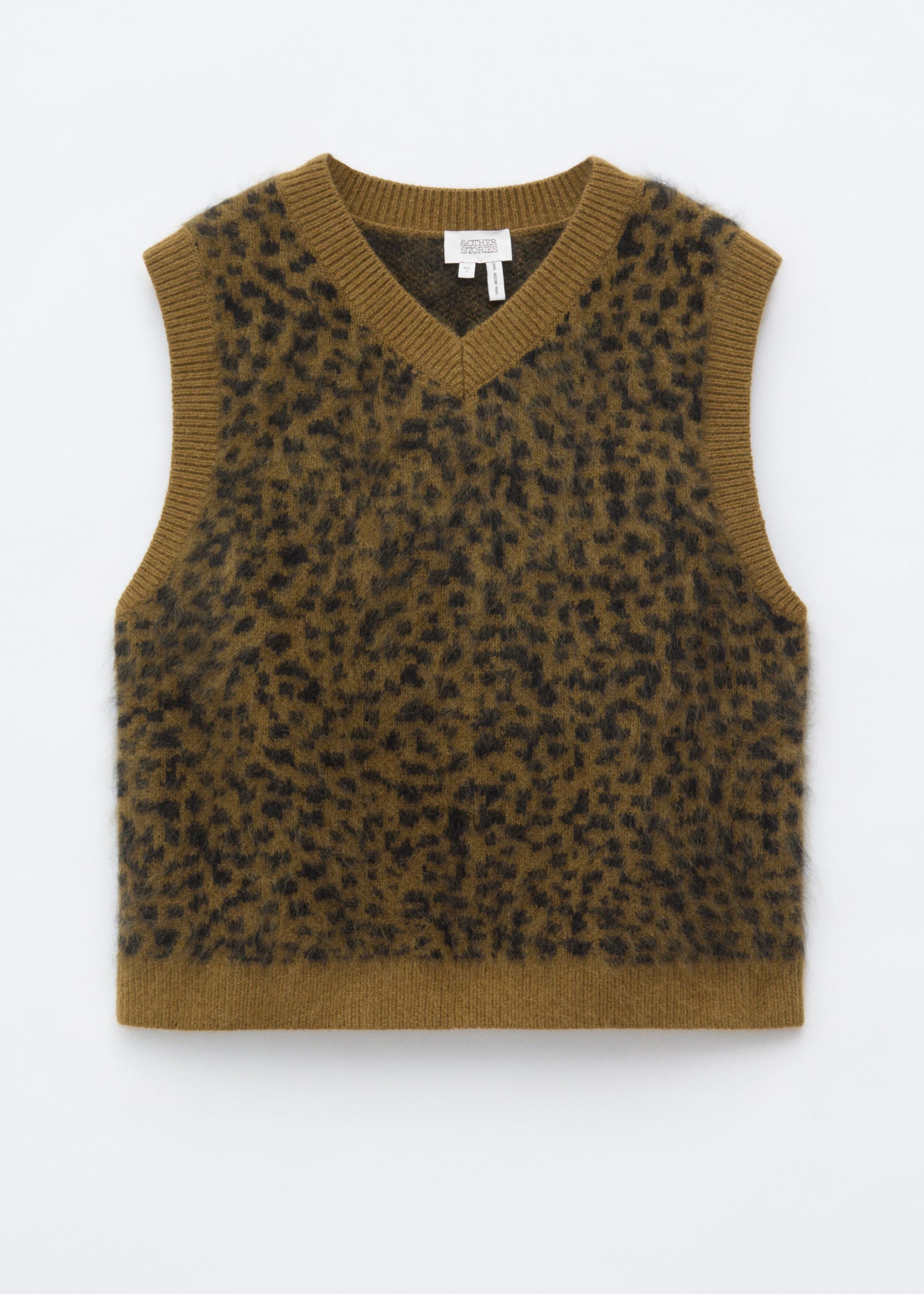 Jacquard-Weste aus gebürsteter Wolle - Khaki/Leopardenmuster - Stillleben