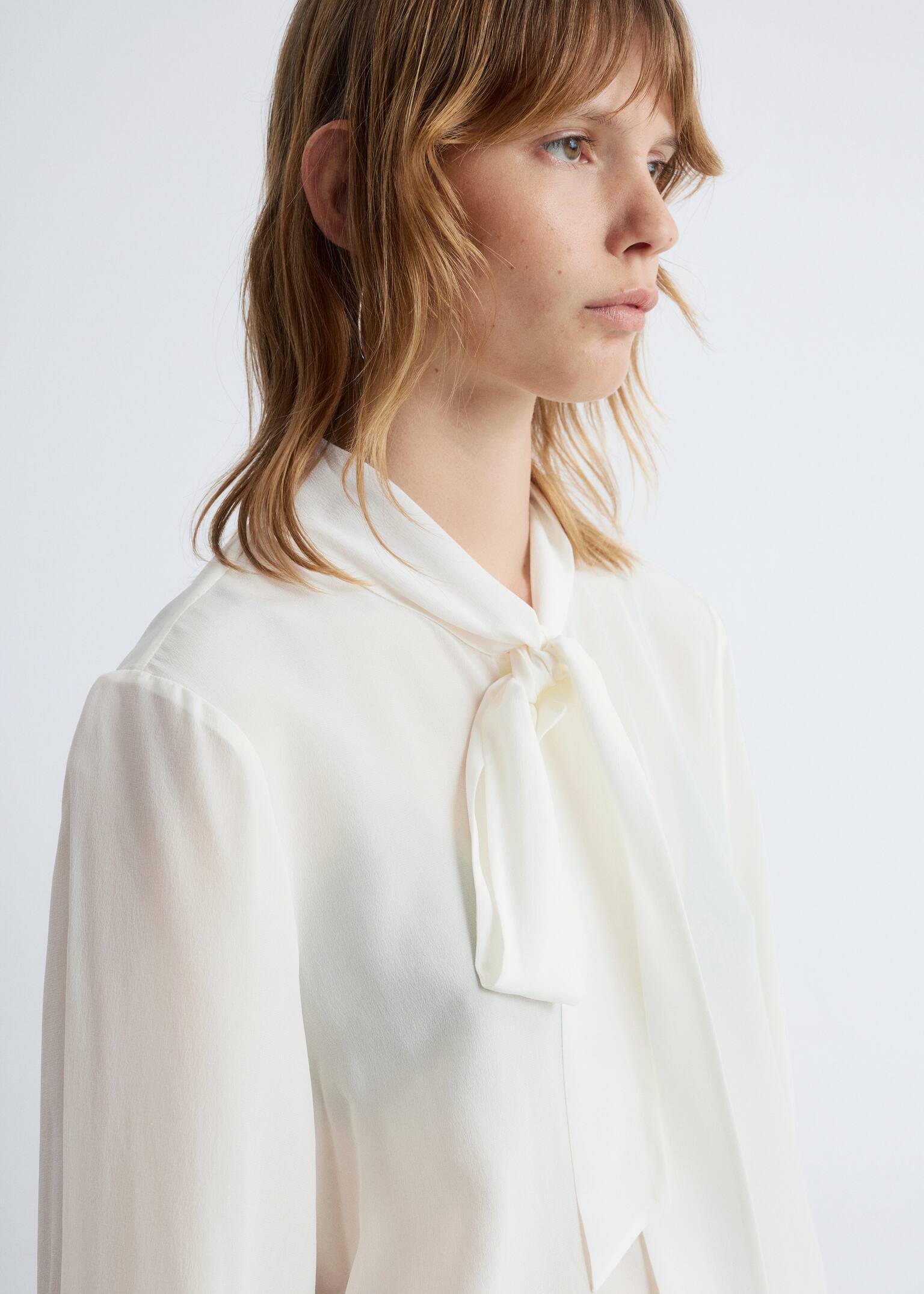 Tie-Neck Silk Blouse - White/Black Floral - 3