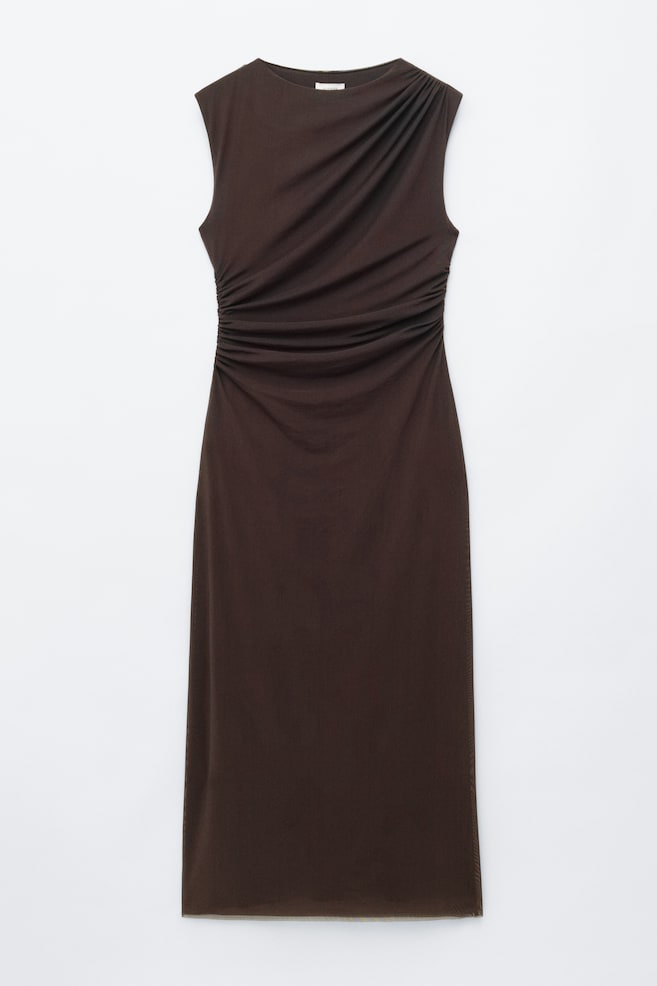 Ärmelloses, drapiertes Kleid - Dunkelbraun/Gelb/Bedruckt/Rosa/Geblümt - 1