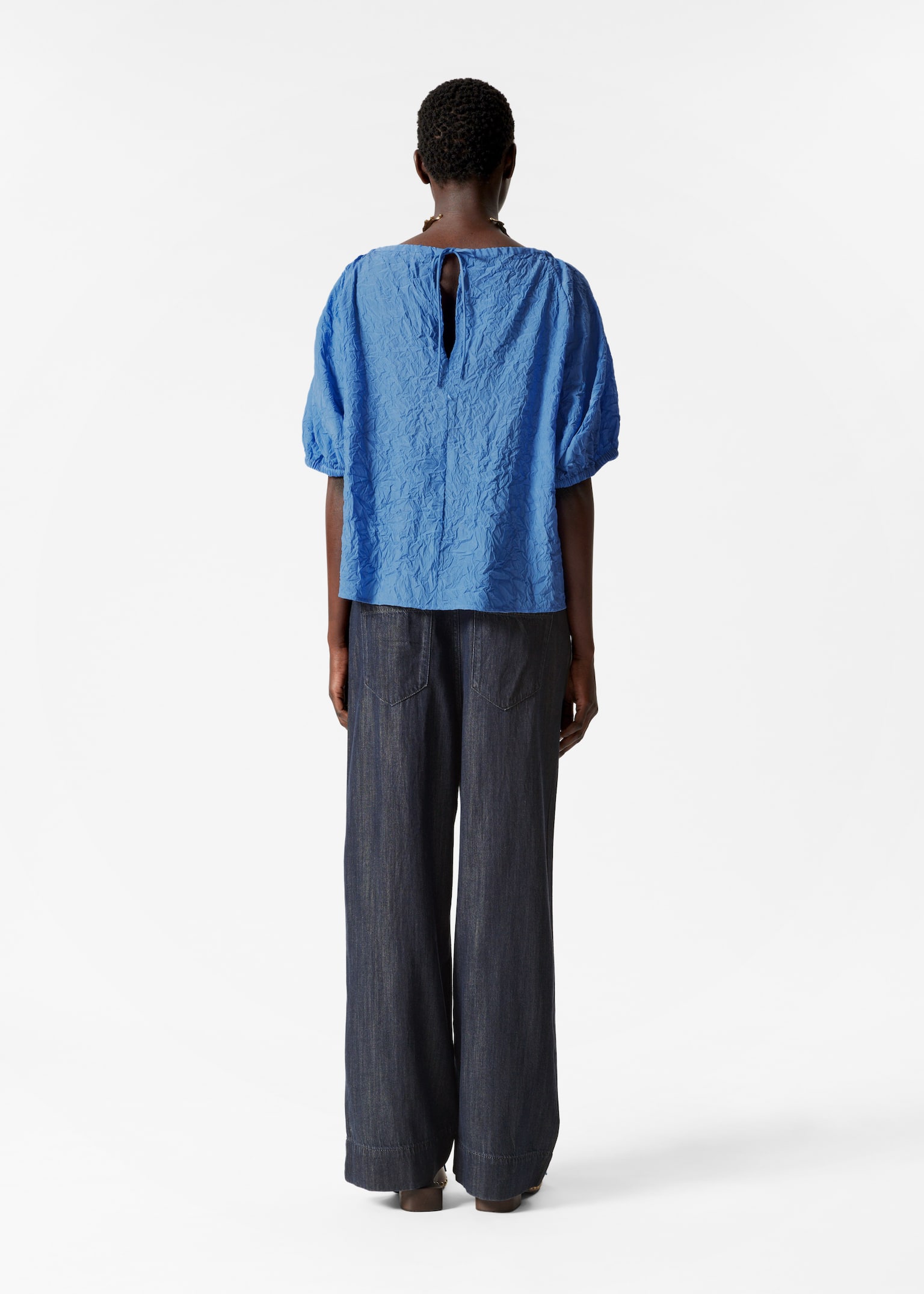 Textured Short-Sleeve Blouse - Albastru/Bej - 4