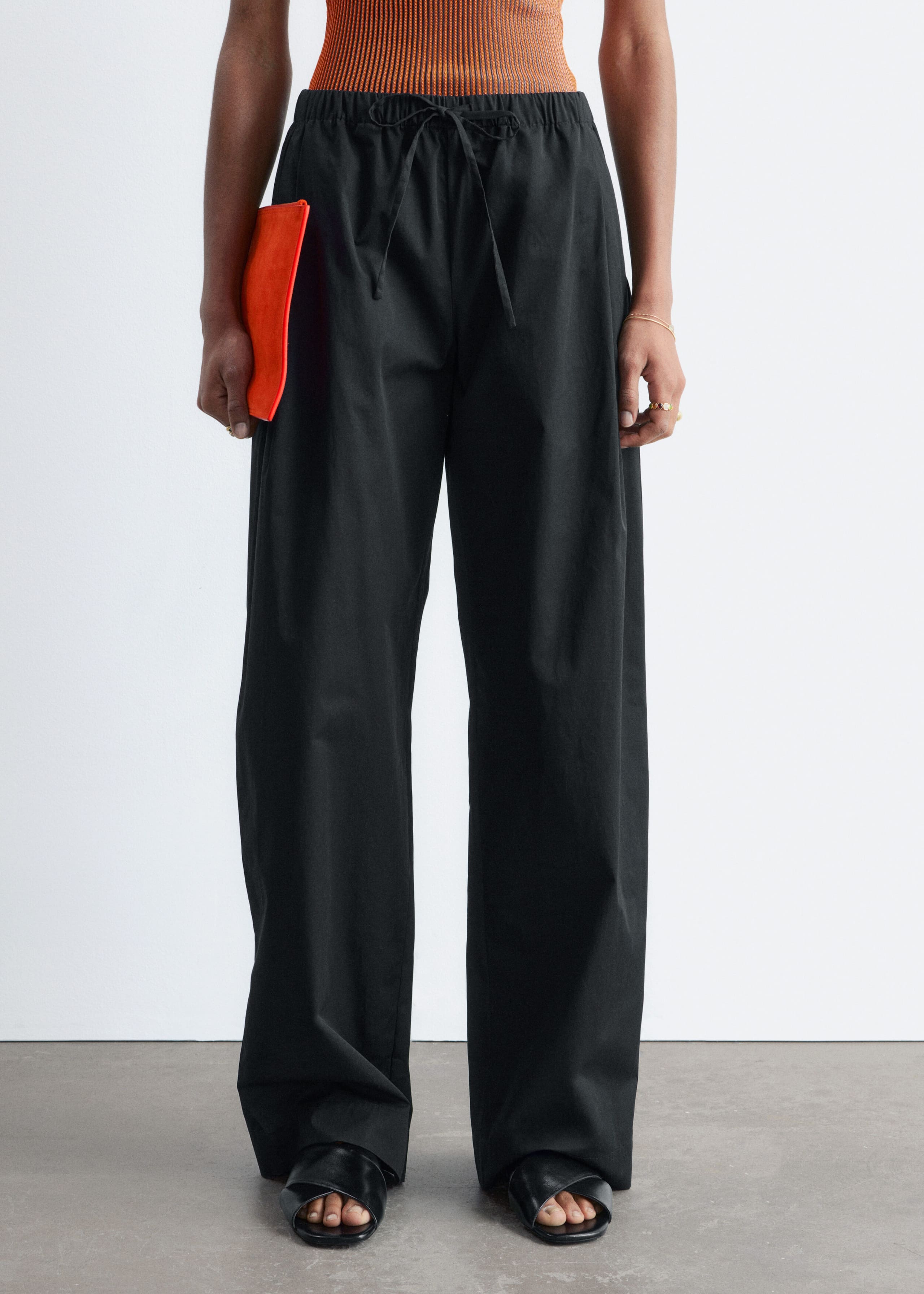 Cotton Twill Drawstring Trousers - Beige - Lookbook