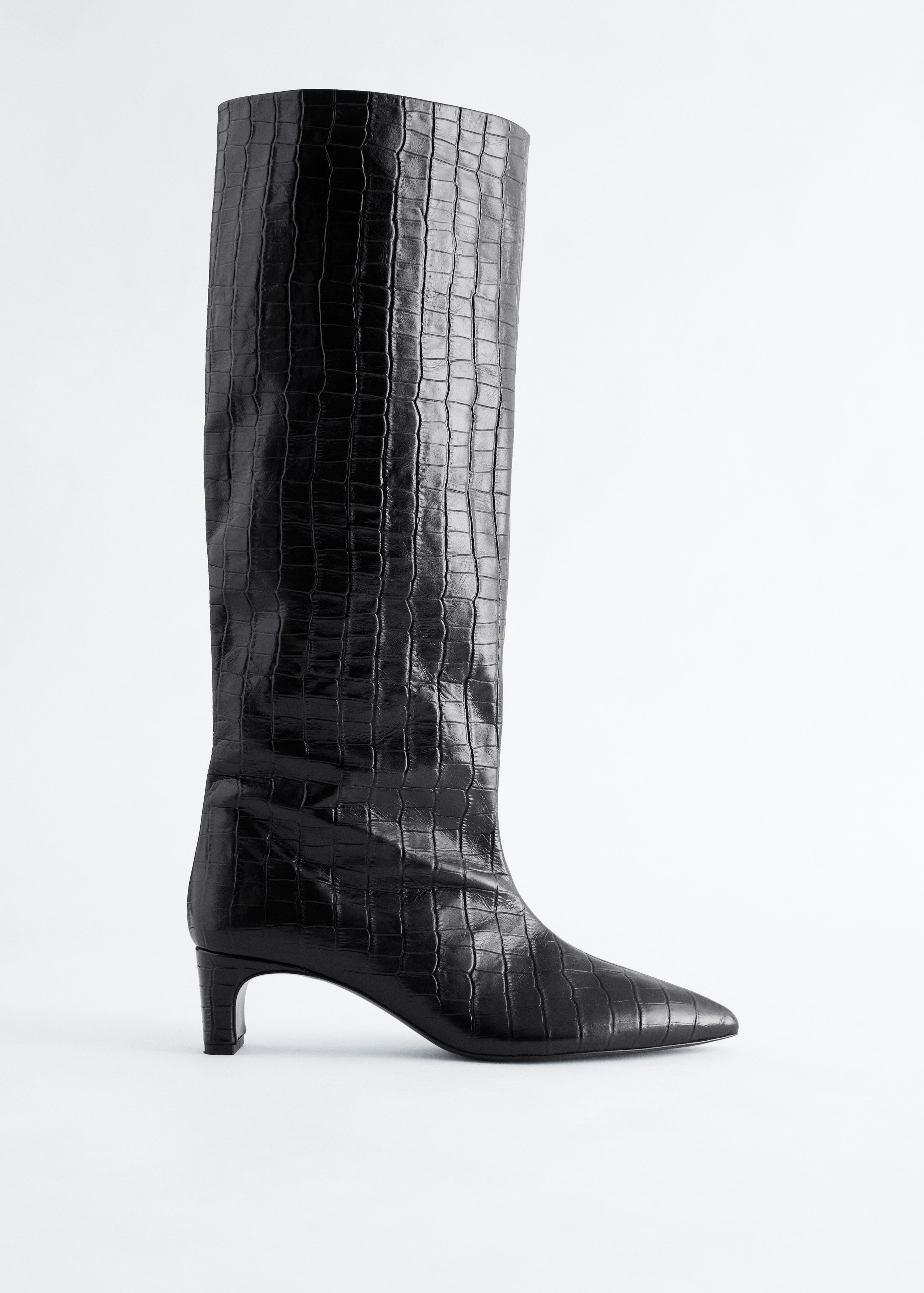 Kitten Heel Croco Leather Knee Boots