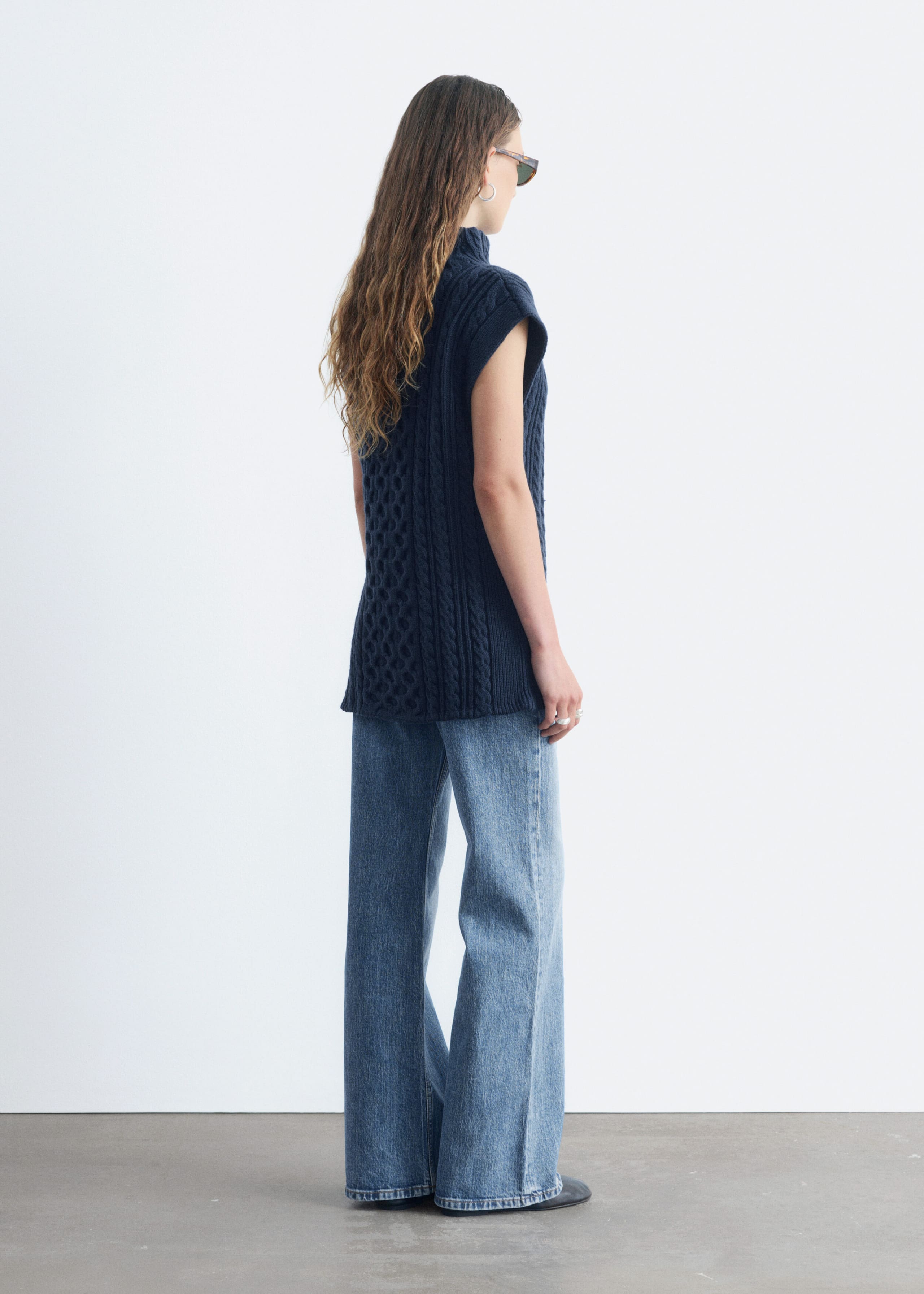 Cable-Knit Mock Neck Vest - Dark Blue - Lookbook