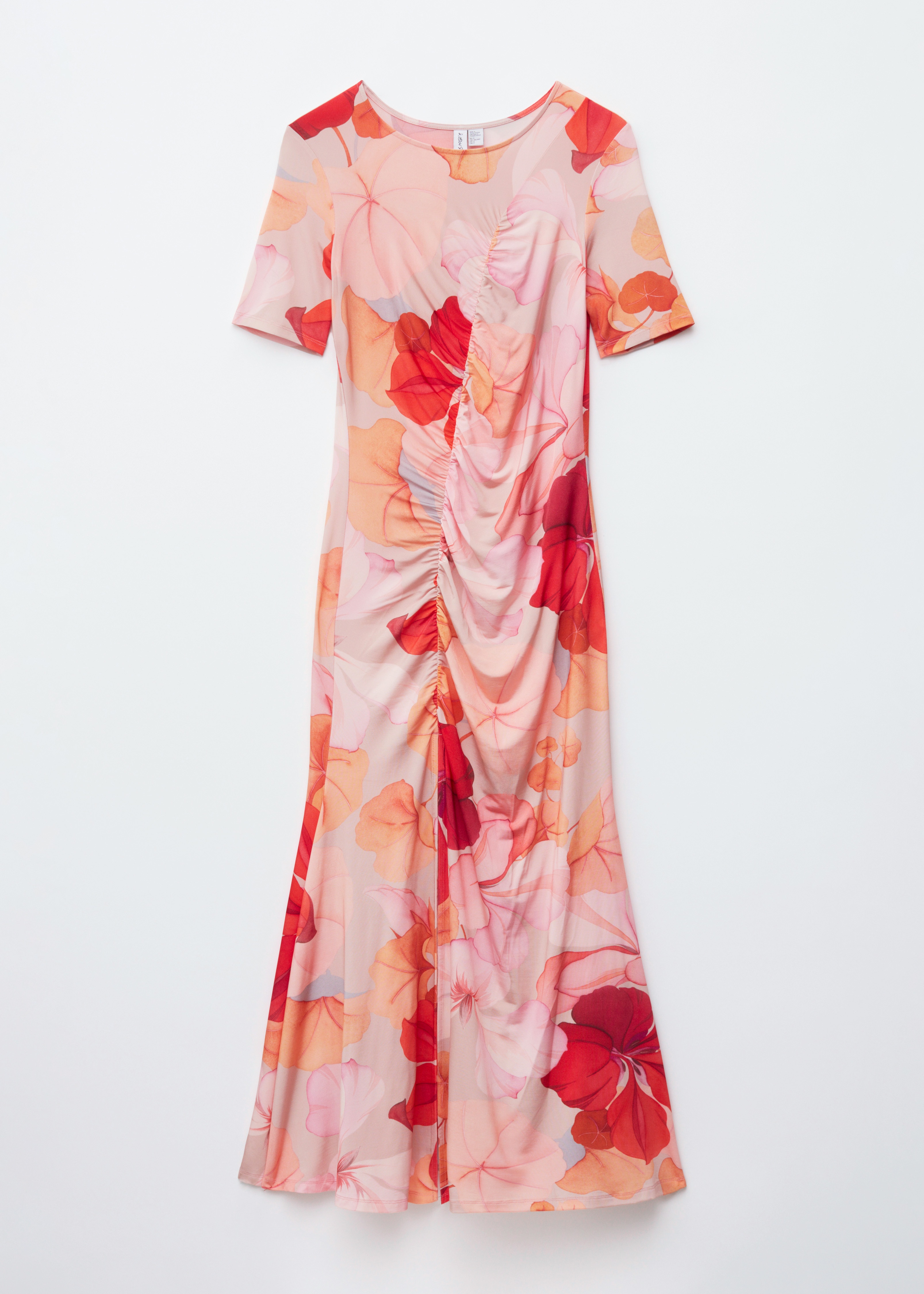 Vestido midi fruncido de manga corta - Estampado floral naranja/rojo