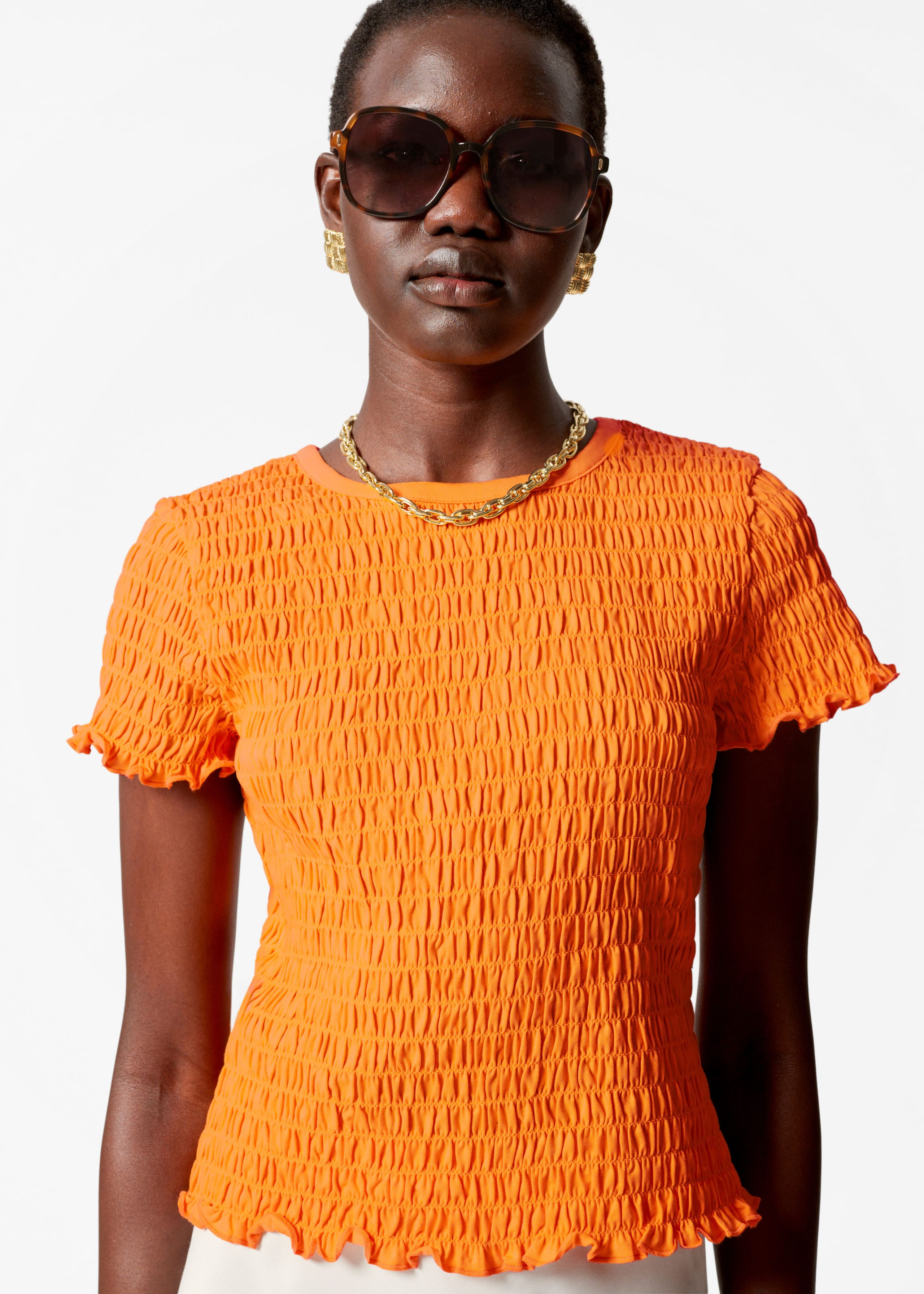 Smocked T-Shirt - Orange - Lookbook