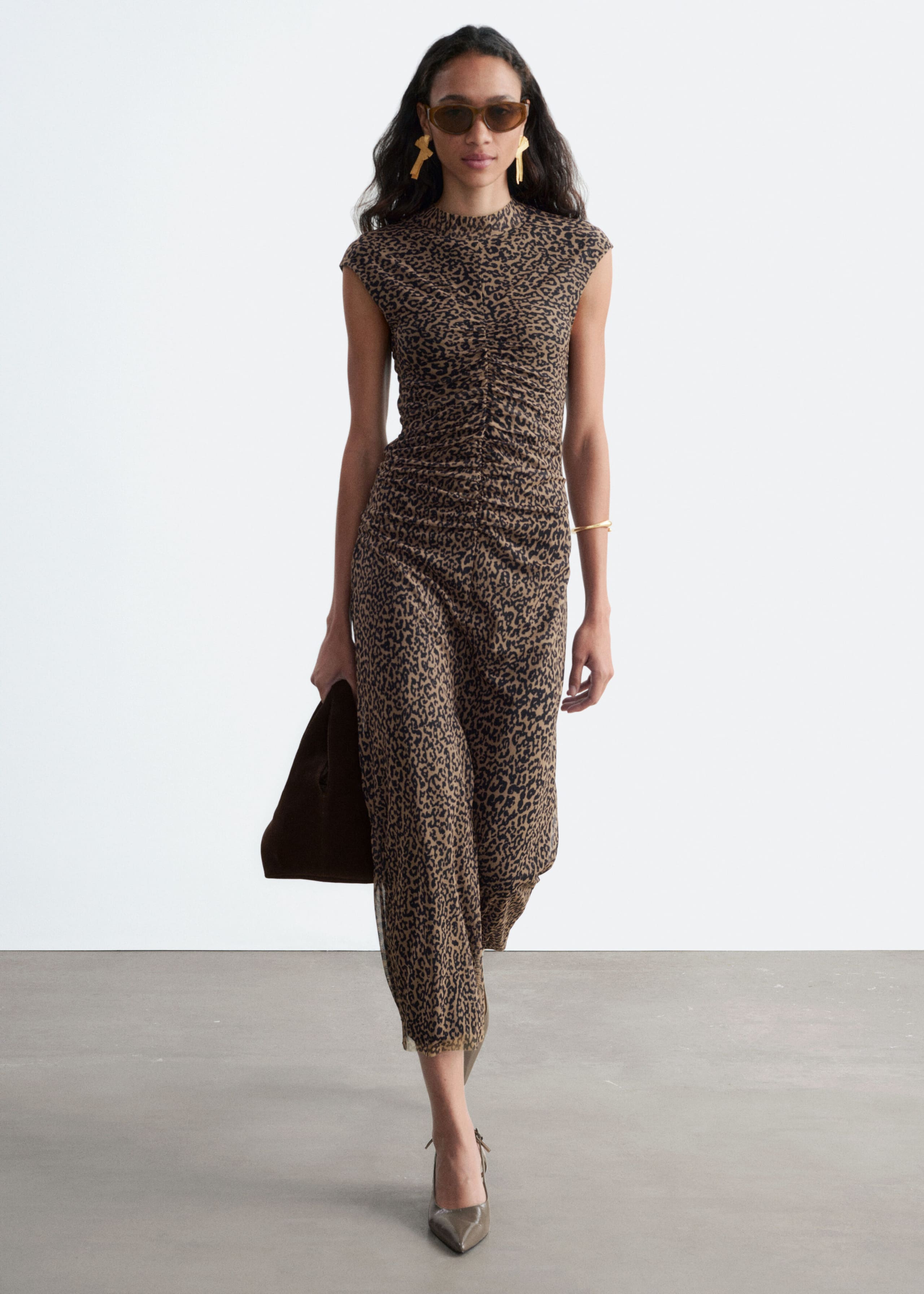 Ruched Jersey Dress - Brown Leopard Print - Lookbook