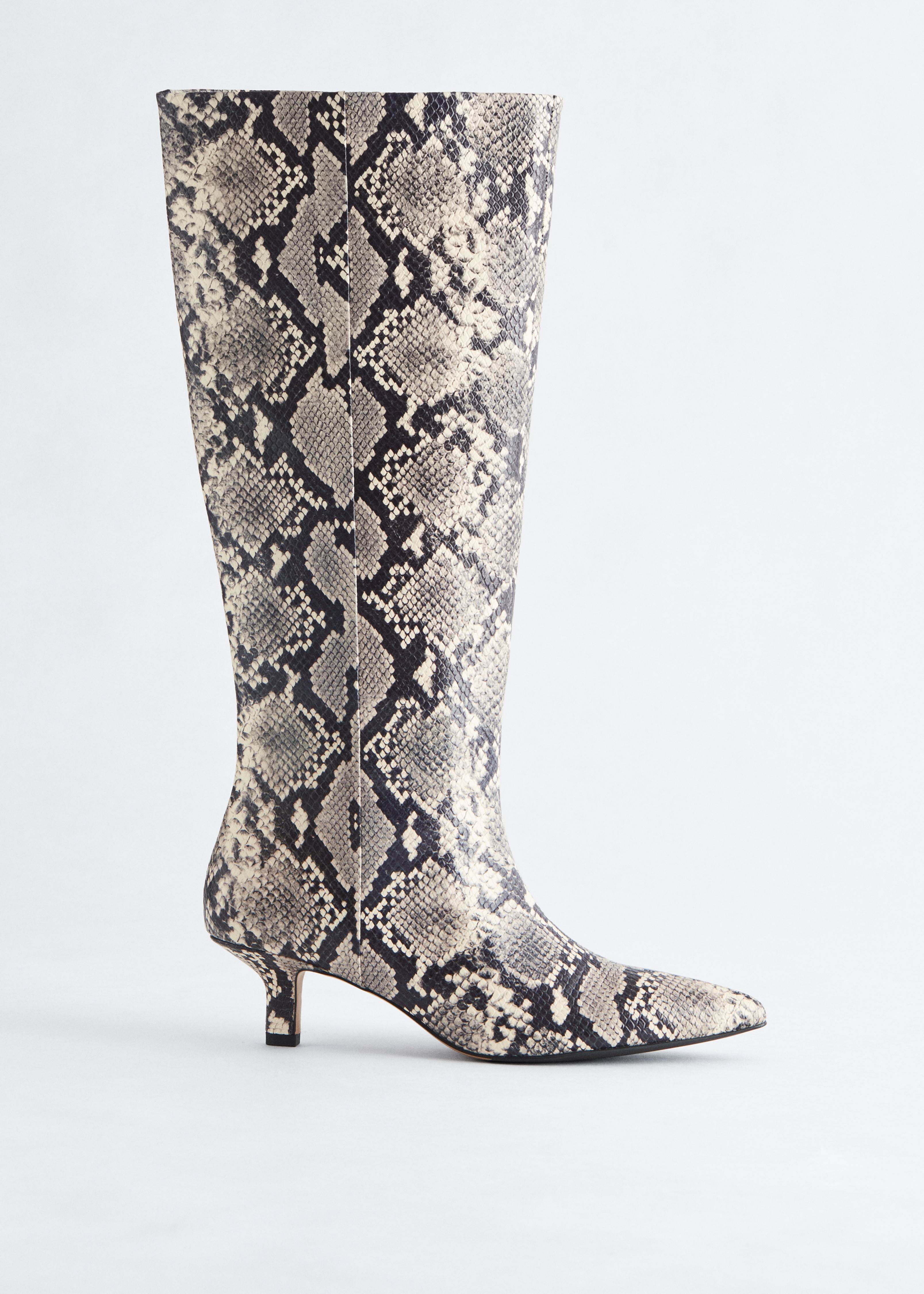 Bottes hauteur genou en cuir à petits talons - Motif serpent beige clair/Marron foncé/Noir