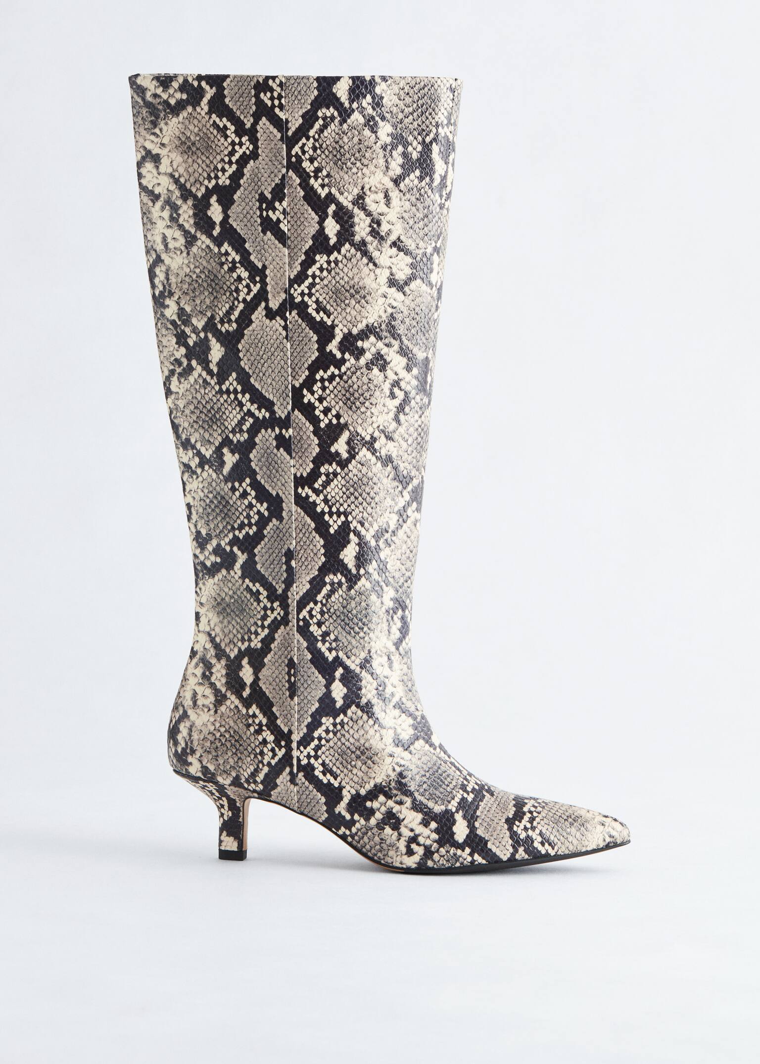 Kitten Heel Leather Knee Boots - Light Beige Snake/Black/Dark Brown