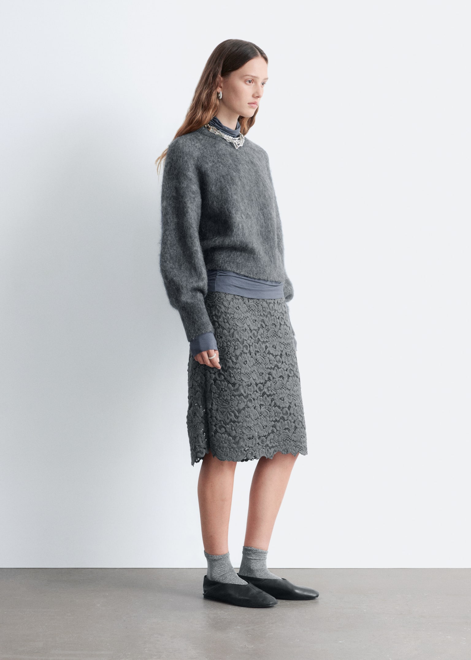 Trøje i mohairblend med ballonærmer - Meleret mørkegrå/Lys beige - 3