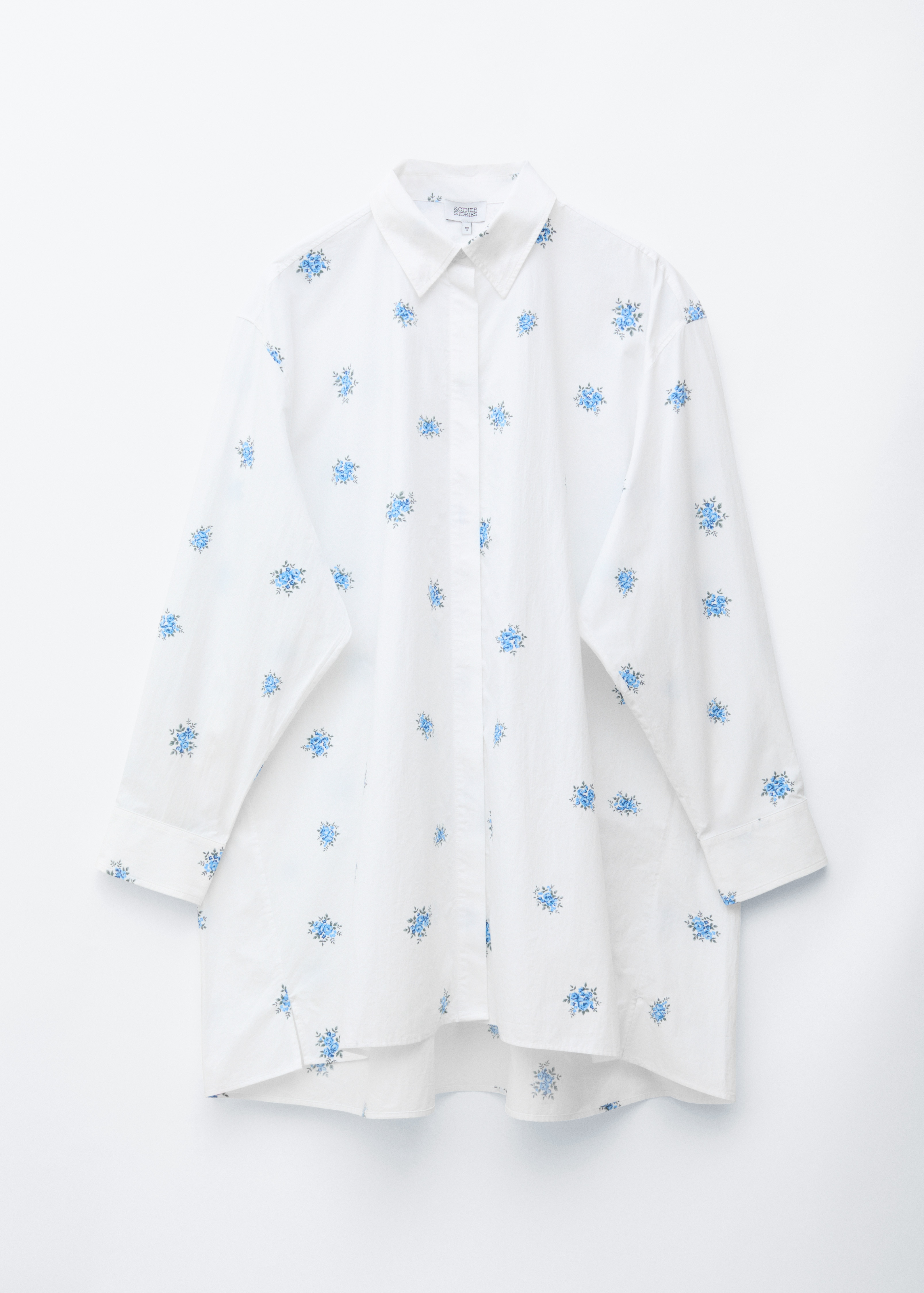 Koszulowa sukienka mini oversize - Biały/Niebieskie kwiaty/Szary/Białe paski