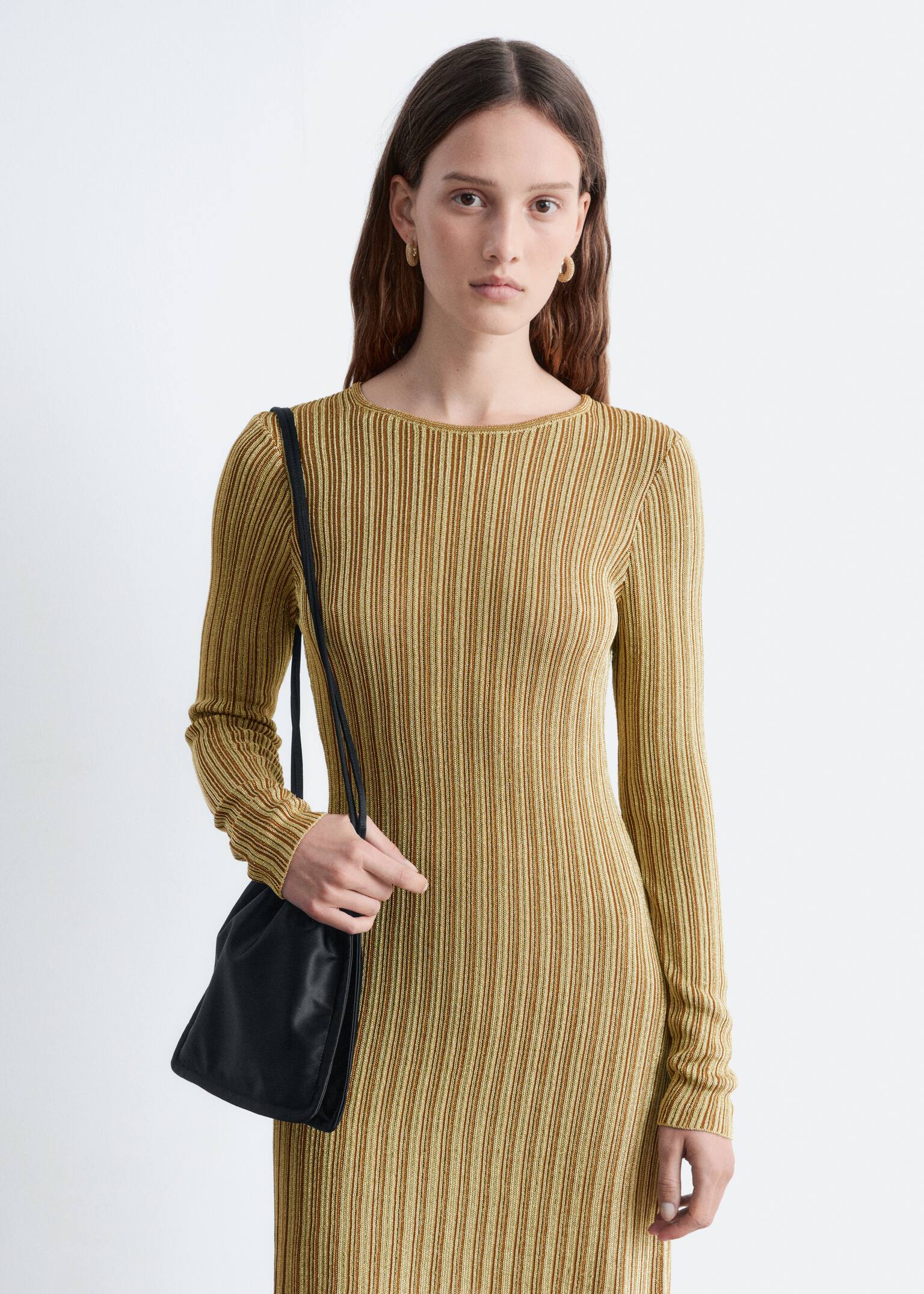 Long-Sleeve Rib-Knit Mini Dress - Gold - 3