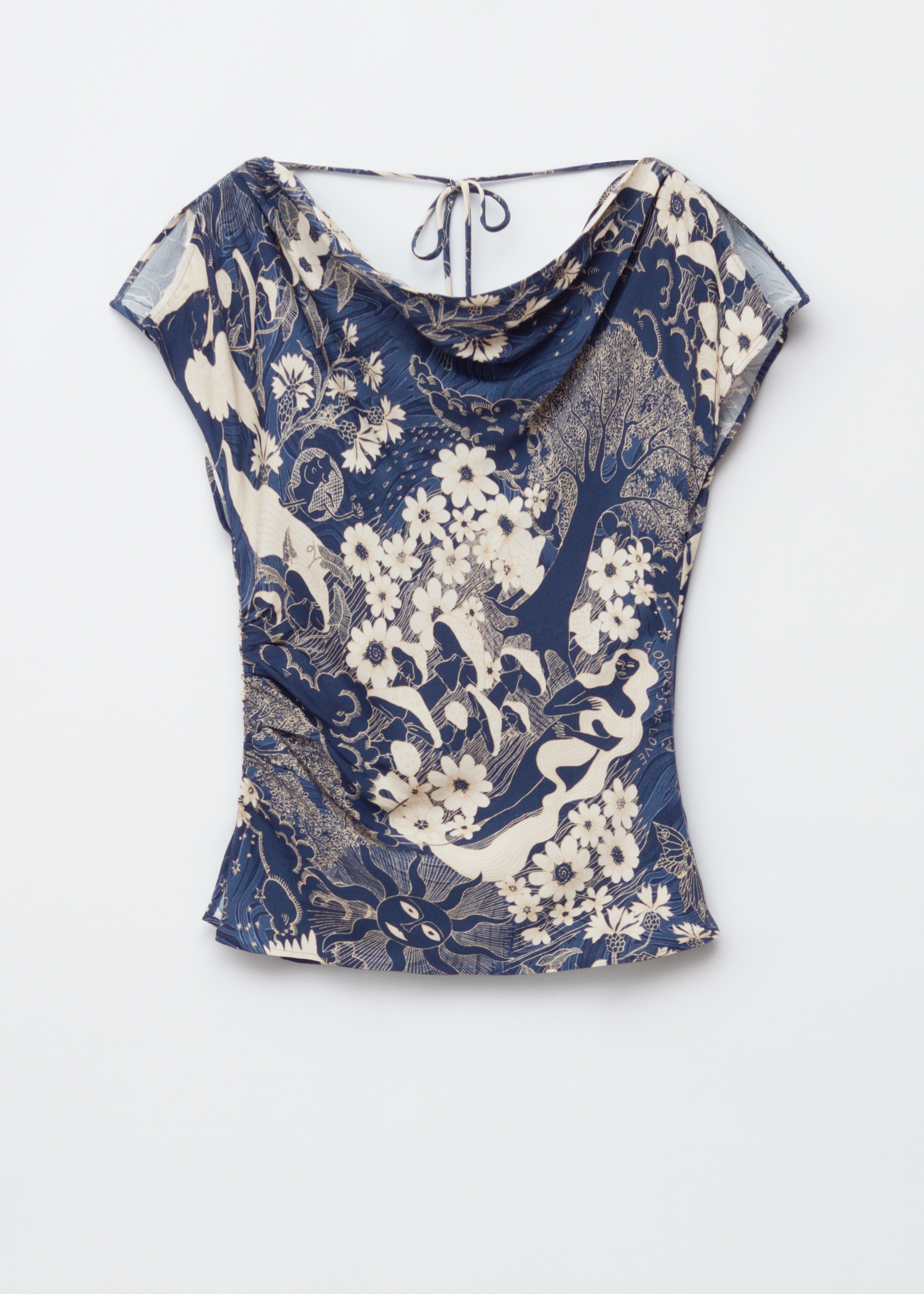 Halenka s drapovaným vodopádovým výstřihem - Tmavě modrý/béžový vzor