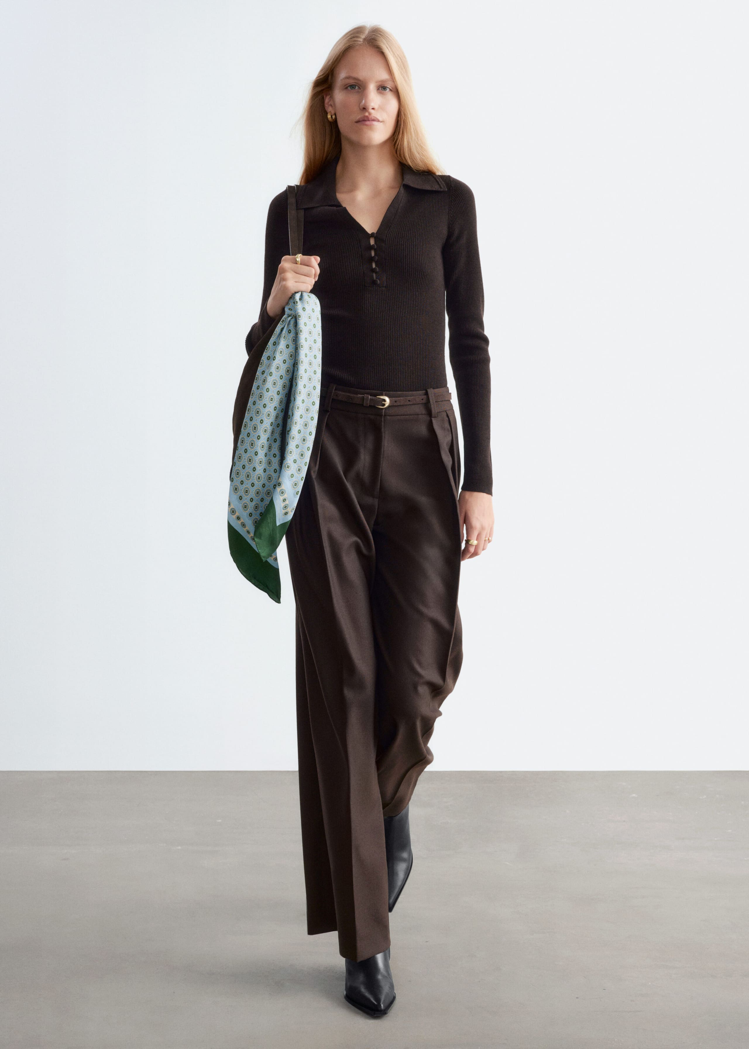 Button-Detail Wool Top - Dark Brown - Lookbook