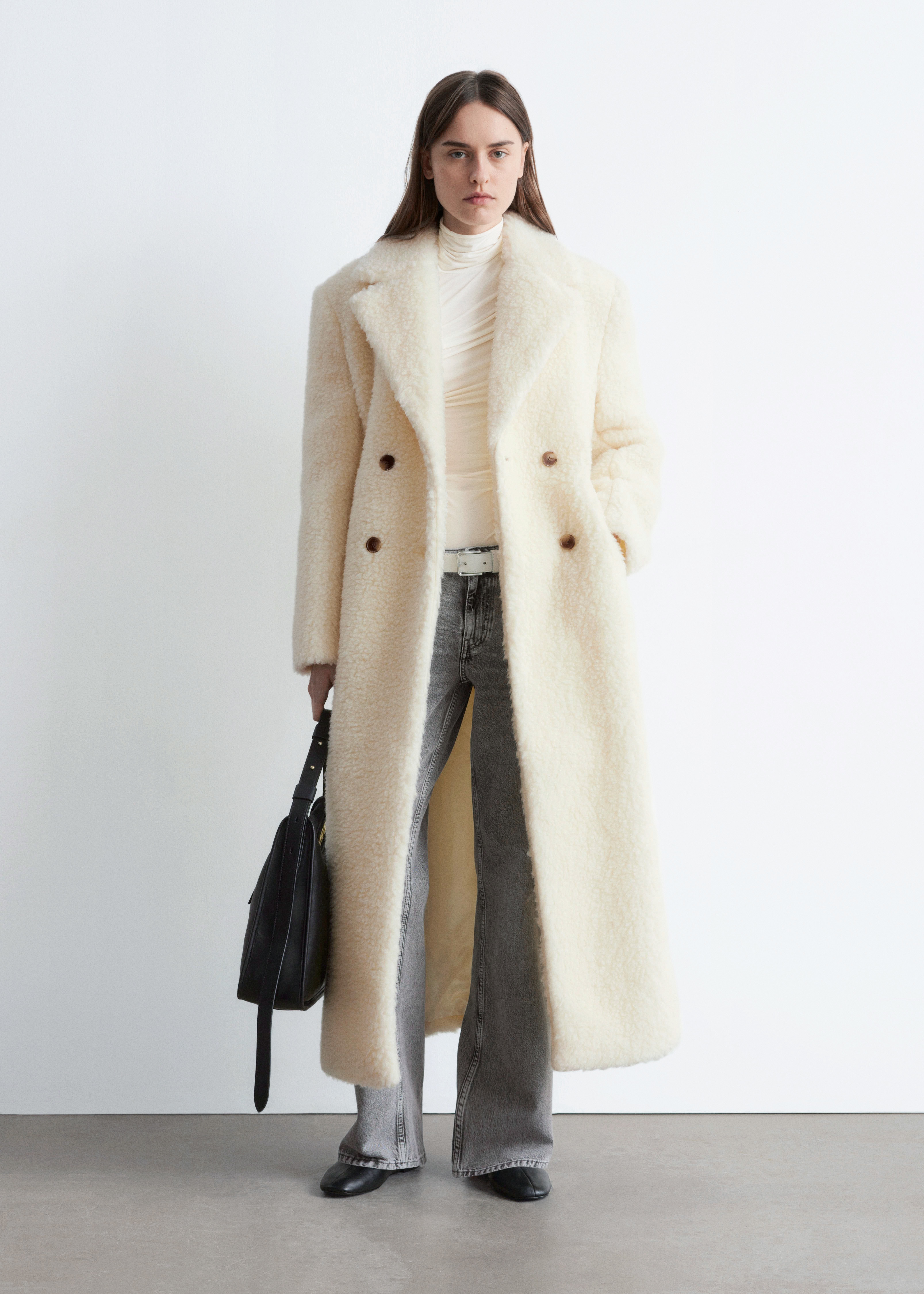 Wool Shearling Maxi Coat - White/Grey