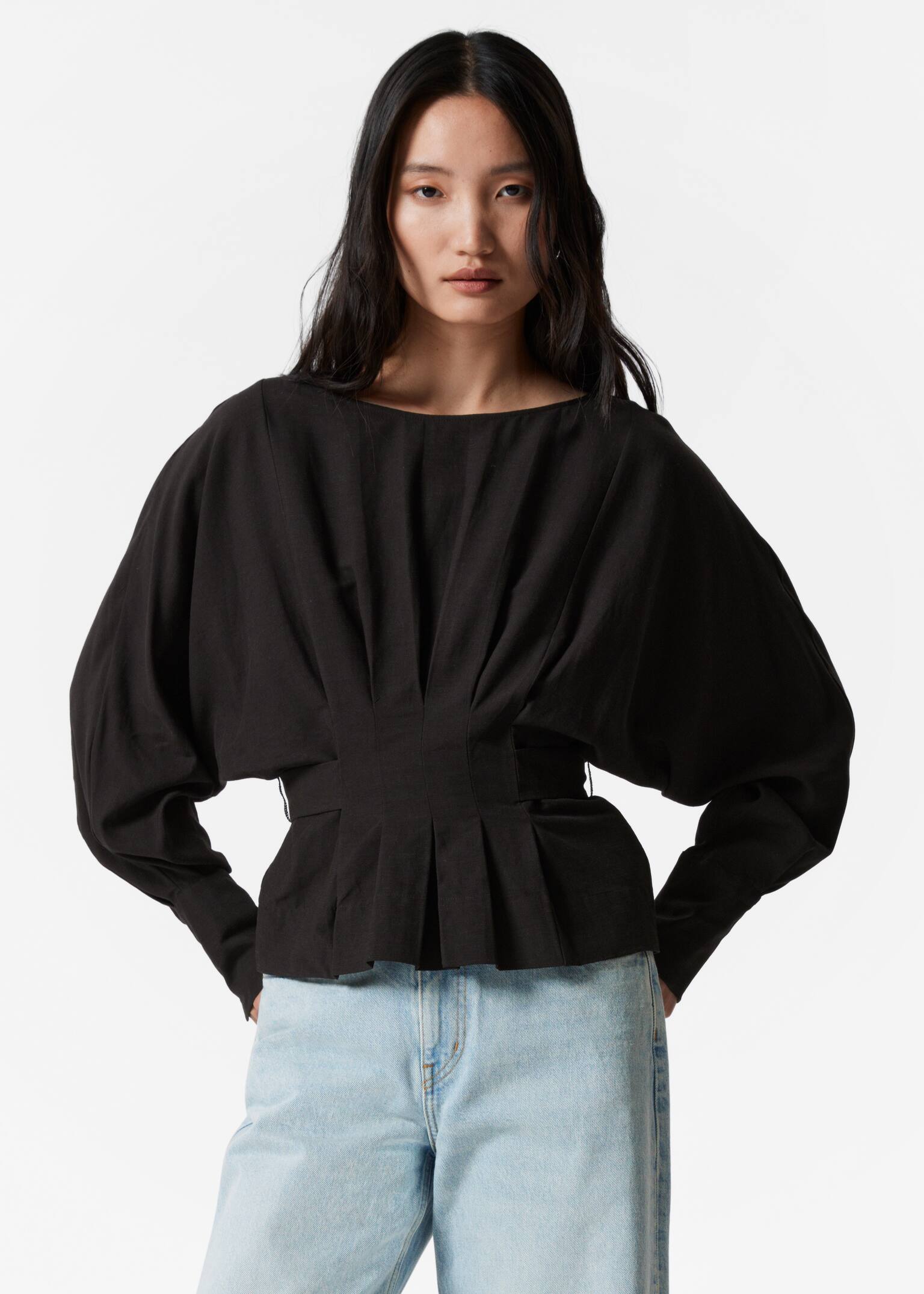Blouse plissée à encolure bateau - Noir/Lilas/Couleur crème