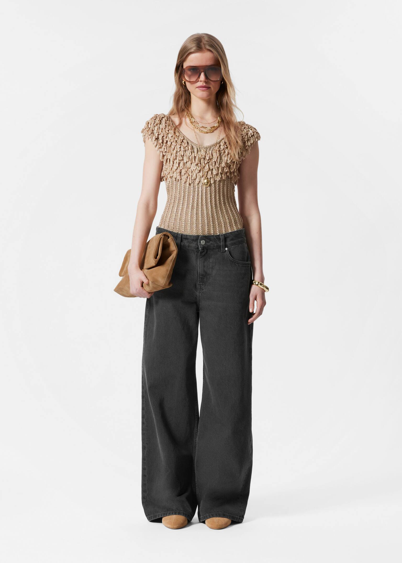 Top con lavorazione a coste e frange - Beige - 4